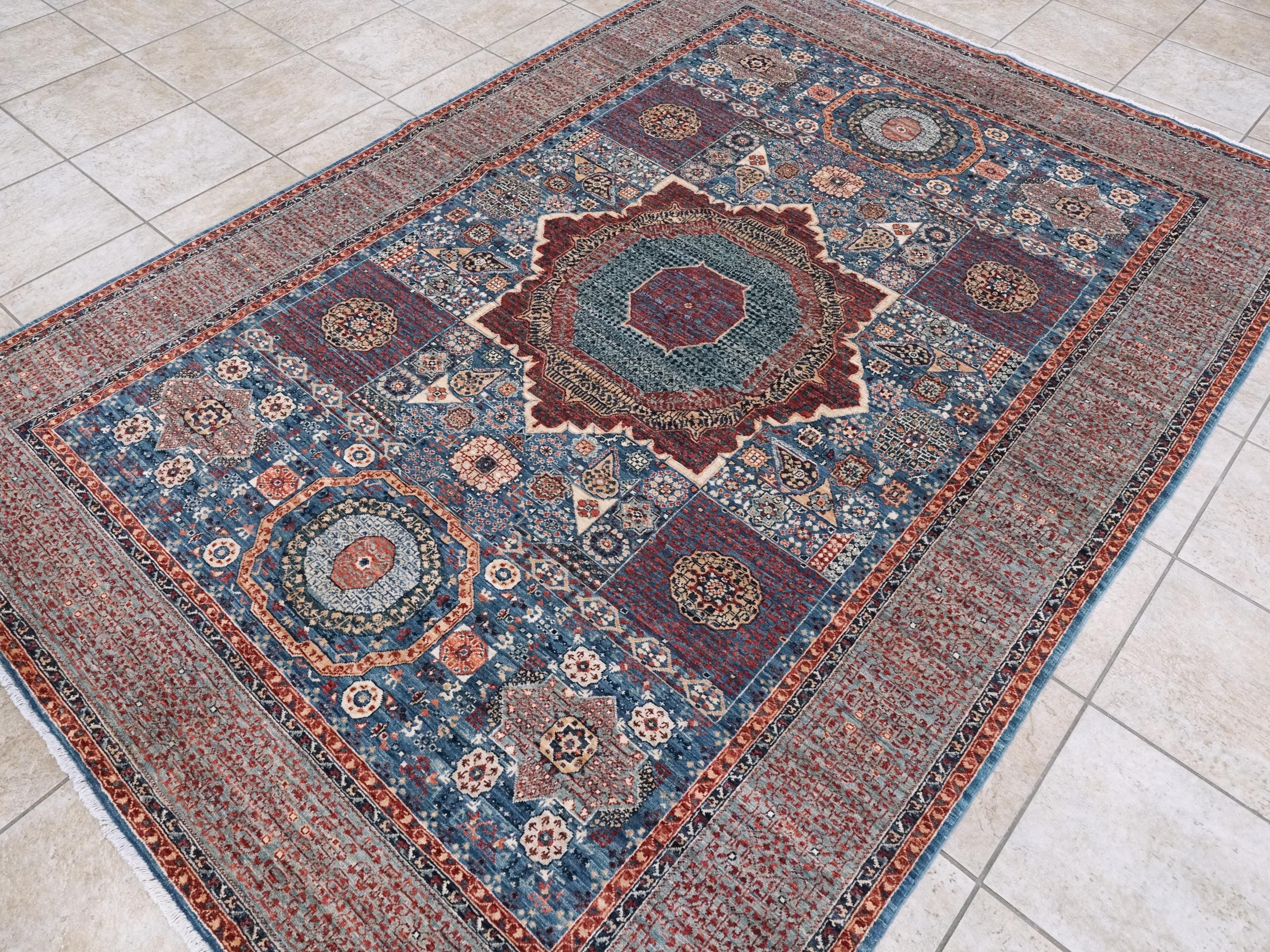 6x9 Ft Blue Mamluk Rug - Hand Knotted Afghan Wool Rug - Geometric Design