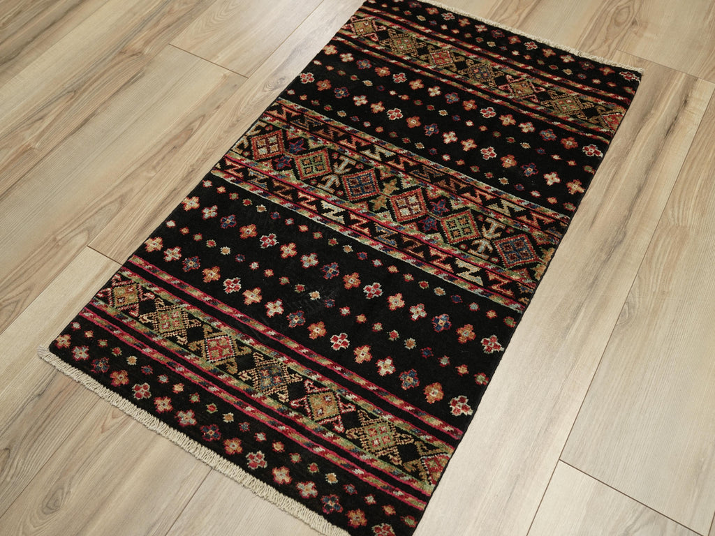 2x3 Ft Black Khorjin Rug - Afghan Handmade Area Rug