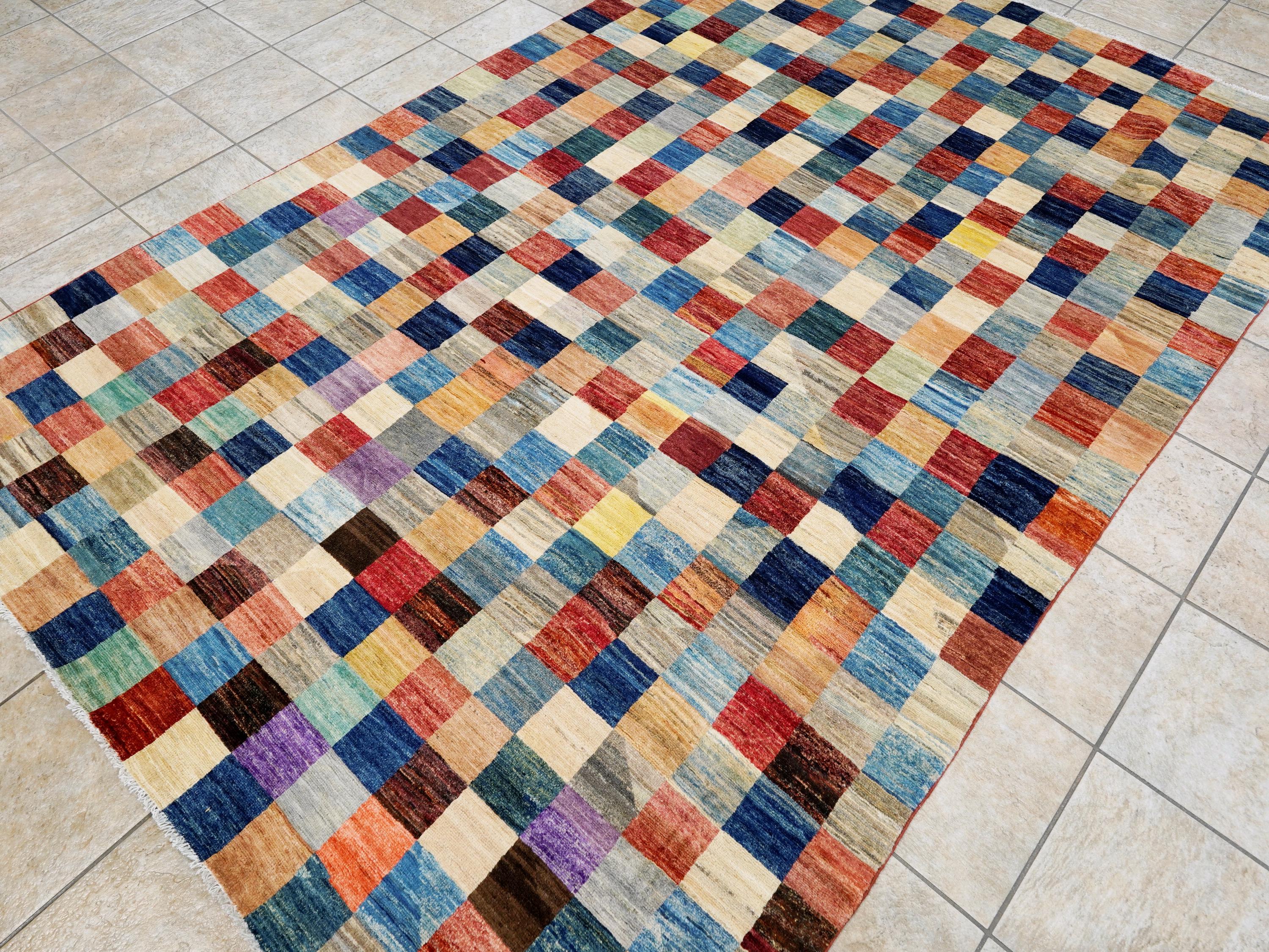 7x10 Multicolor Gabbeh Rug - Afghan Wool Area Rug - Geometric Design