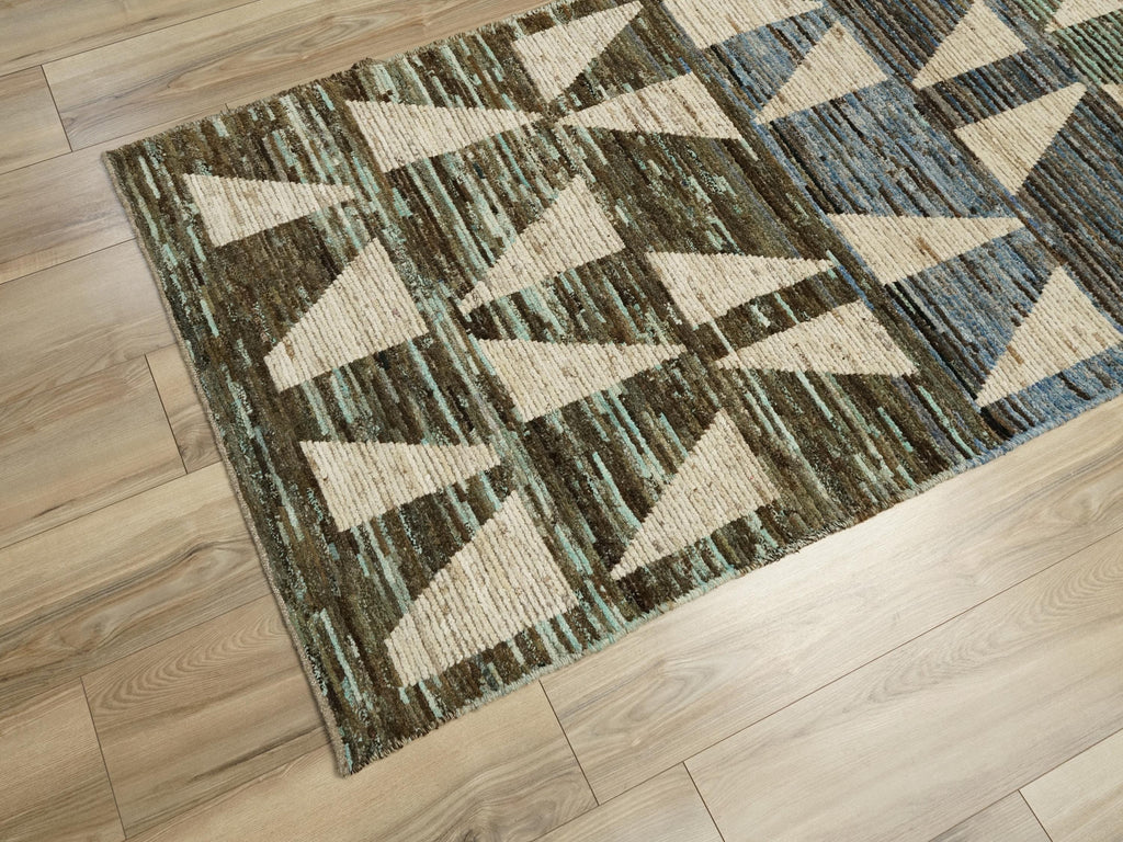 10 Ft White & Blue Handmade Moroccan Runner Rug - Contemporary Design