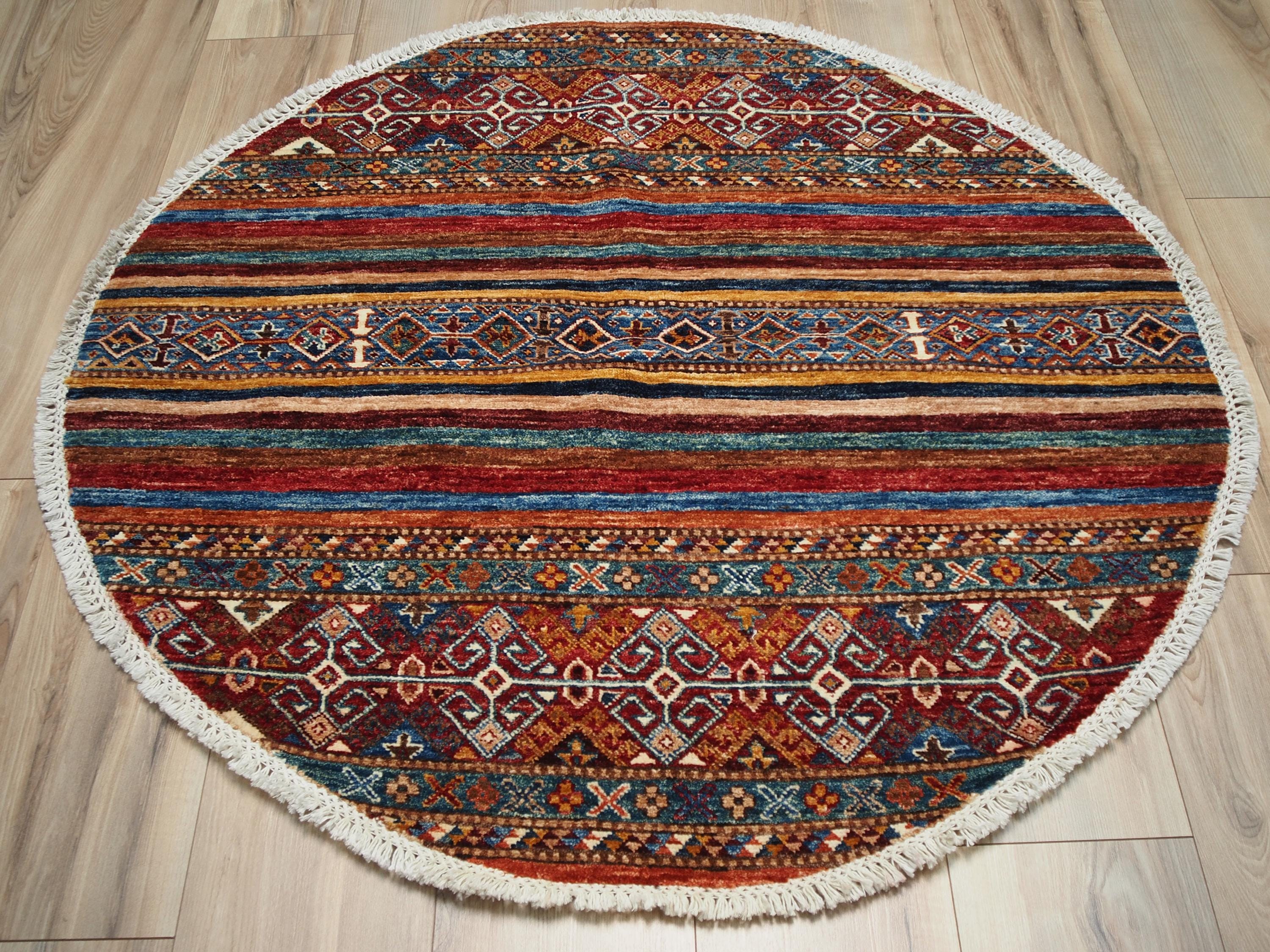 4x4 Ft Red Khorjin Rug - Hand Knotted Ghazni Wool Round Rug
