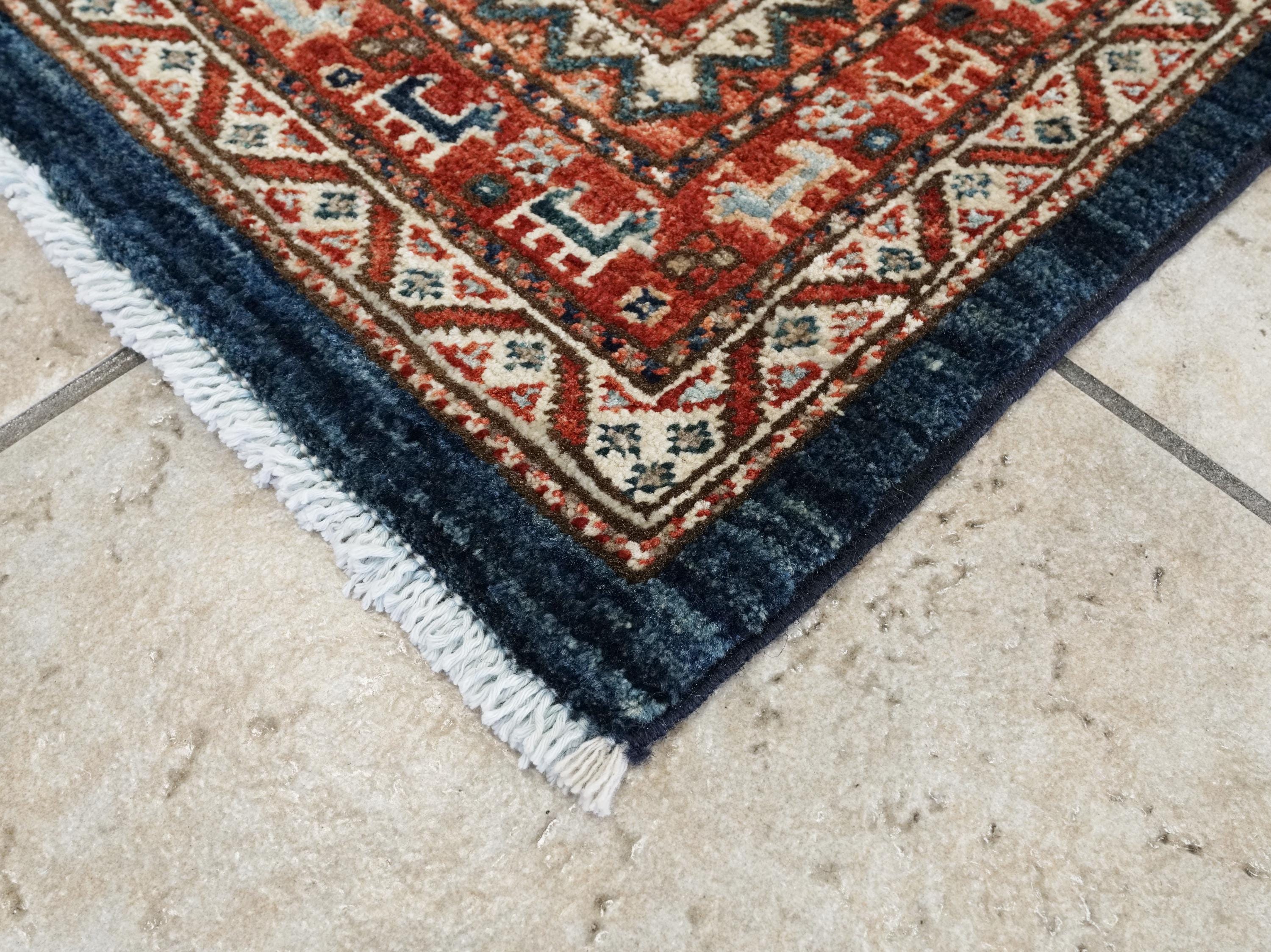 5x7 Ft Red & Blue Heriz Rug - Handmade Area Rug - Geometric Design