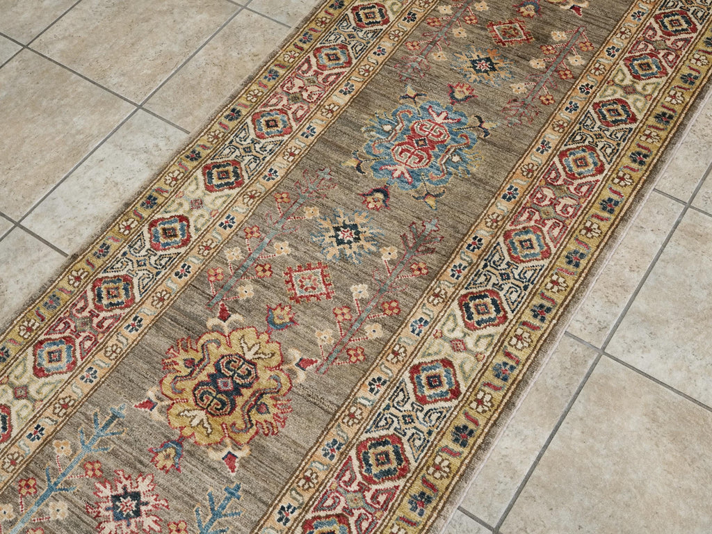 13 Ft Brown Kazak Runner Rug - Hand Knotted Wool Hallway Rug