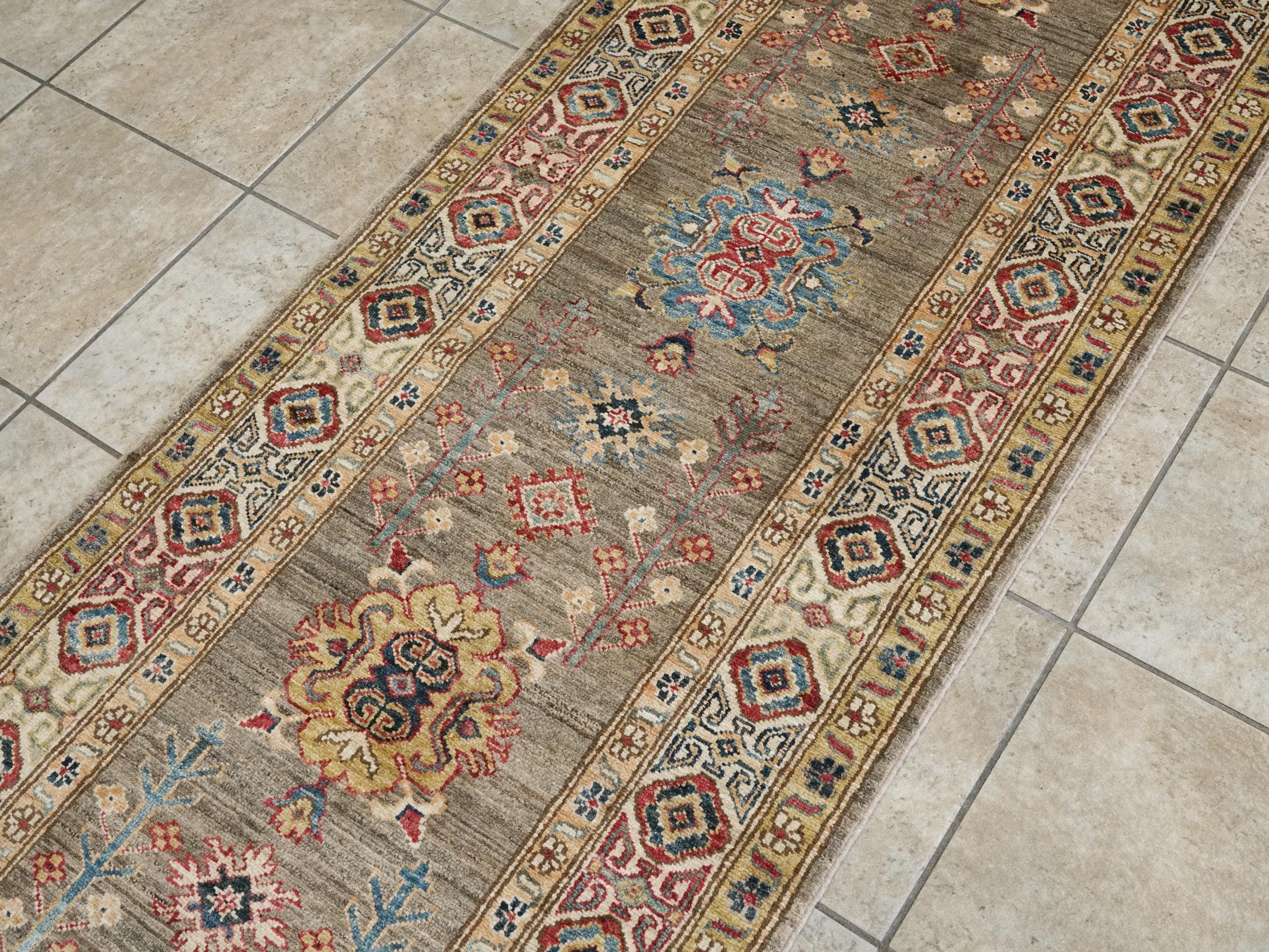13 Ft Brown Kazak Runner Rug - Hand Knotted Wool Hallway Rug