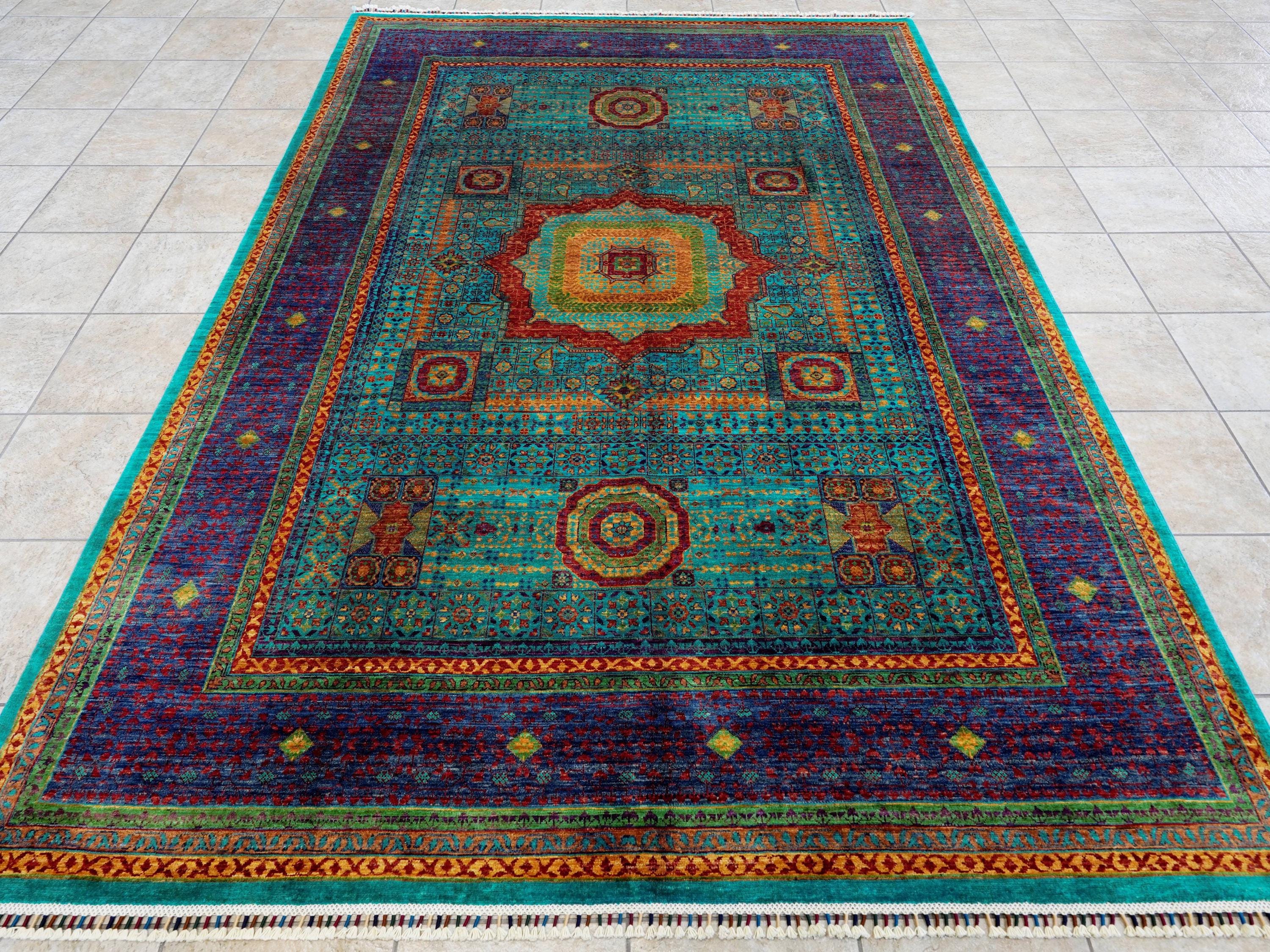 7x10 Ft Turquoise Mamluk Rug - Afghan Oriental Wool Rug