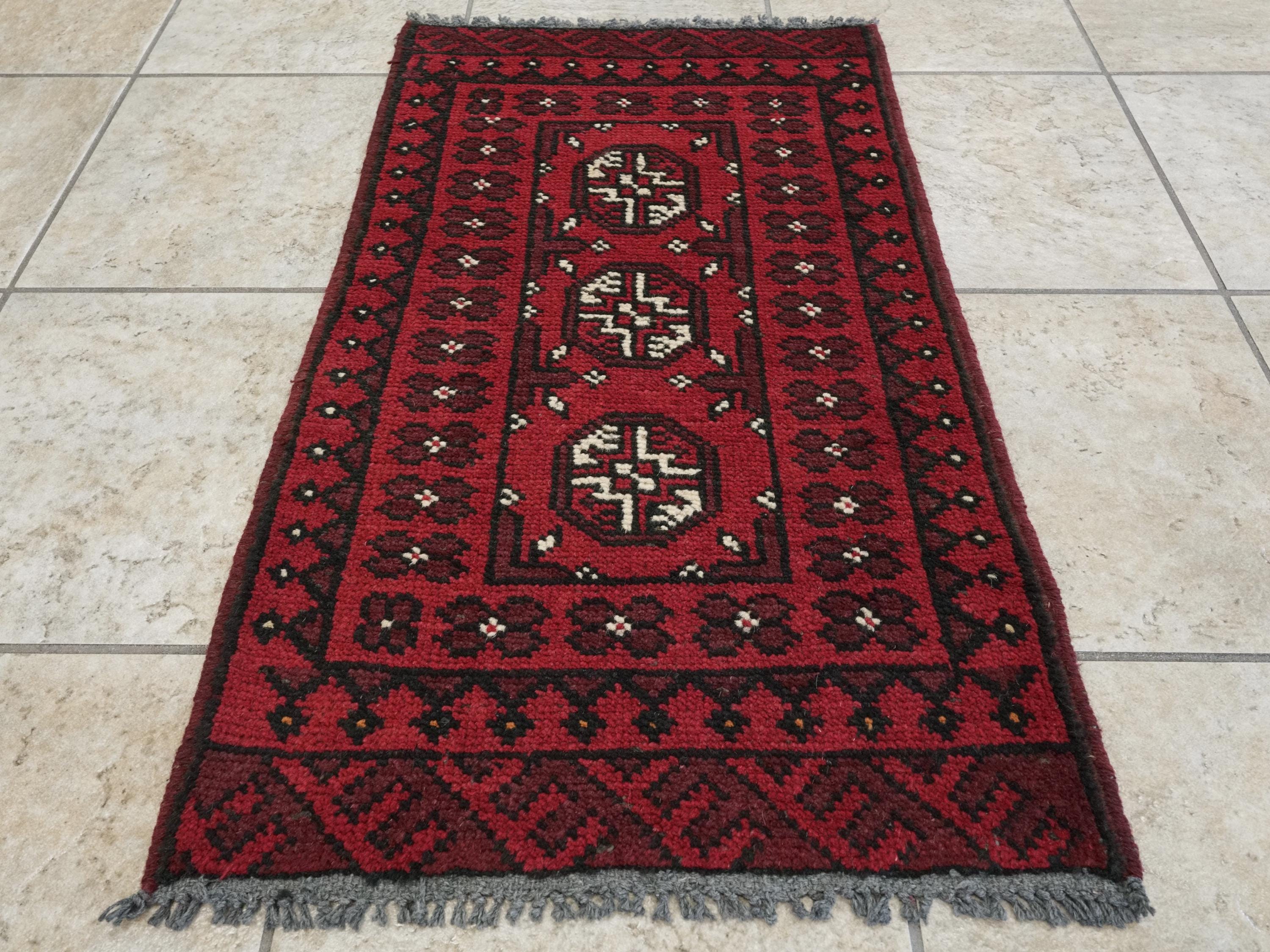 2x3 Ft Red Ersari Rug - Hand Knotted Afghan Wool Rug