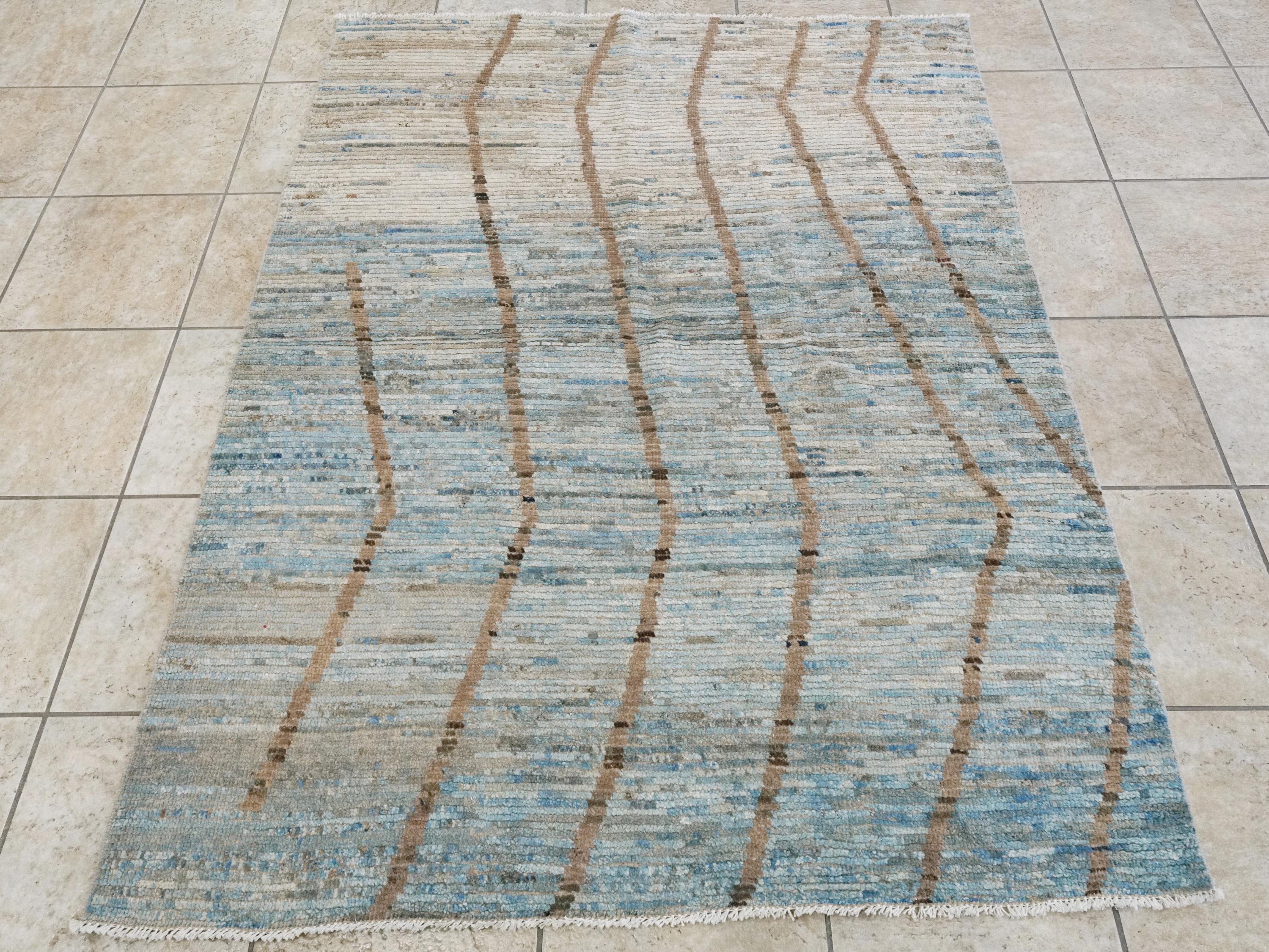 4x6 Ft Blue & Brown Moroccan Rug - Hand Knotted Wool Area Rug