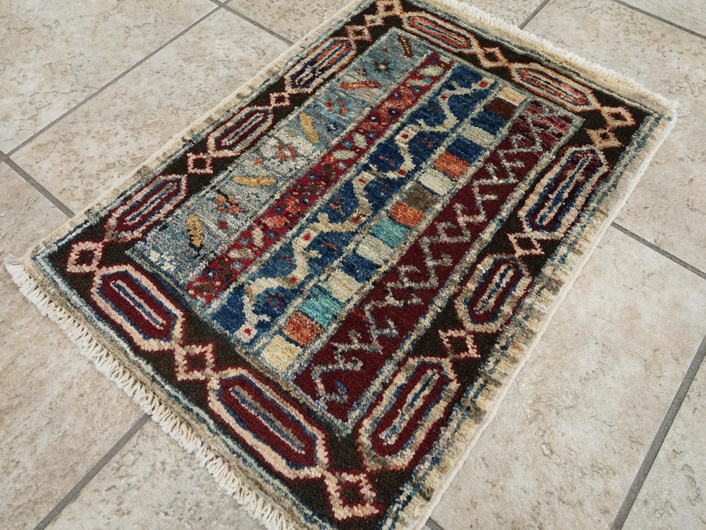 1x2 Ft Hand Knotted Heriz Rug - Beige & Blue Afghan Wool Doormat