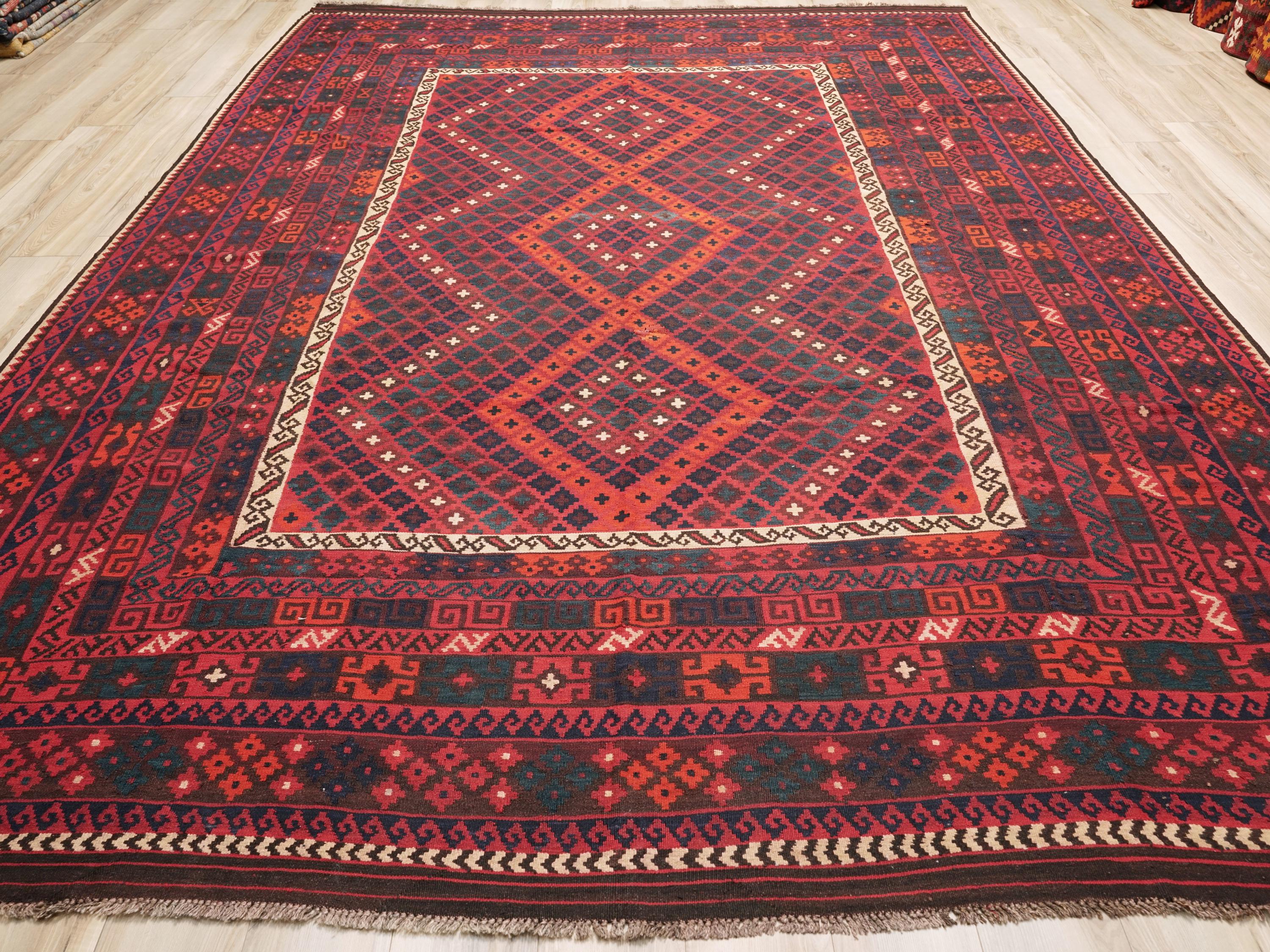 10x14 Ft Dark Red Maimana Kilim Rug - Vintage Afghan Flat Weave