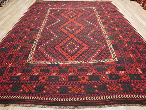 10x14 Ft Dark Red Maimana Kilim Rug - Vintage Afghan Flat Weave