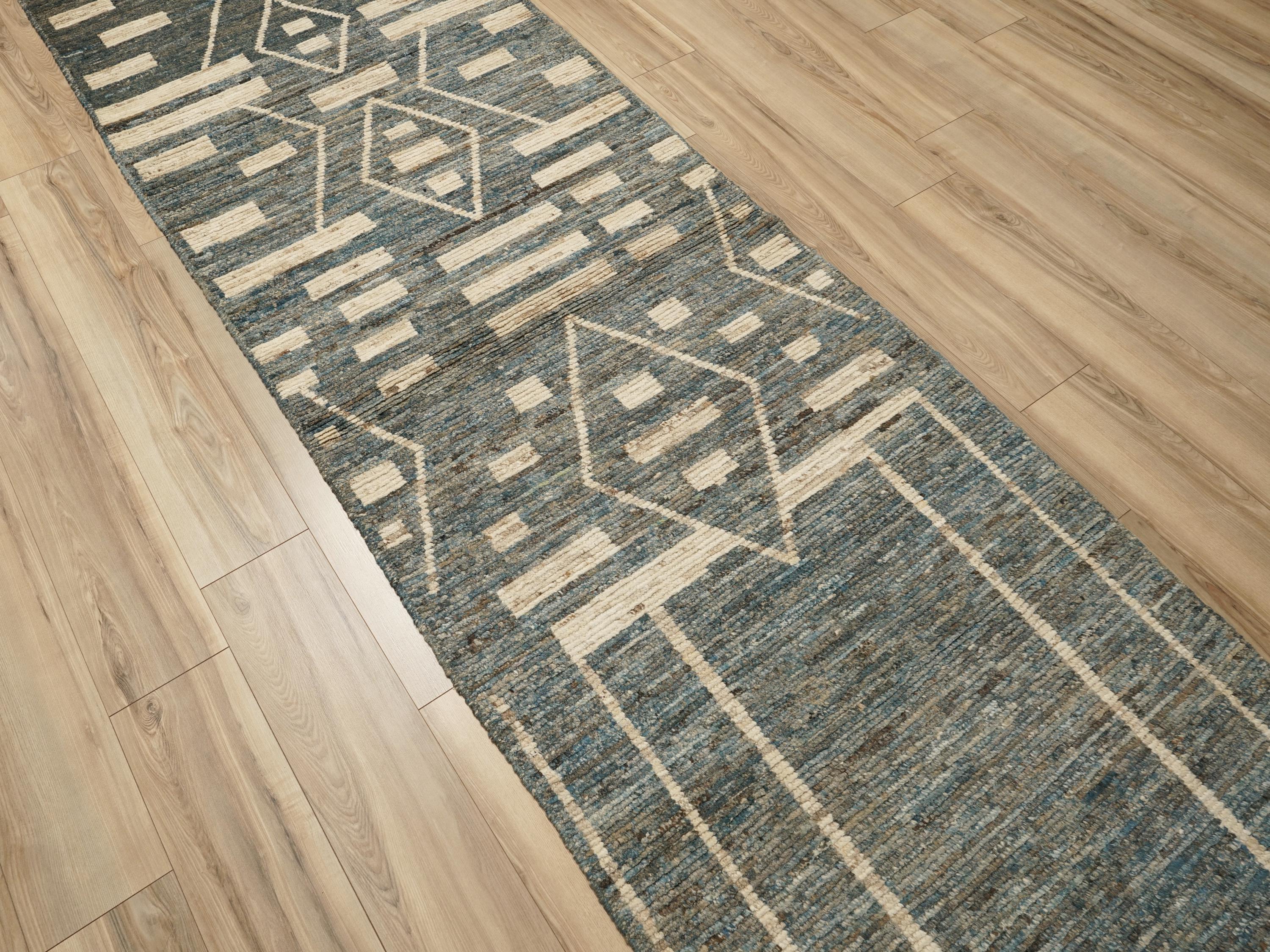 13 Ft Blue Moroccan Runner Rug - Hand Knotted Afghan Rug