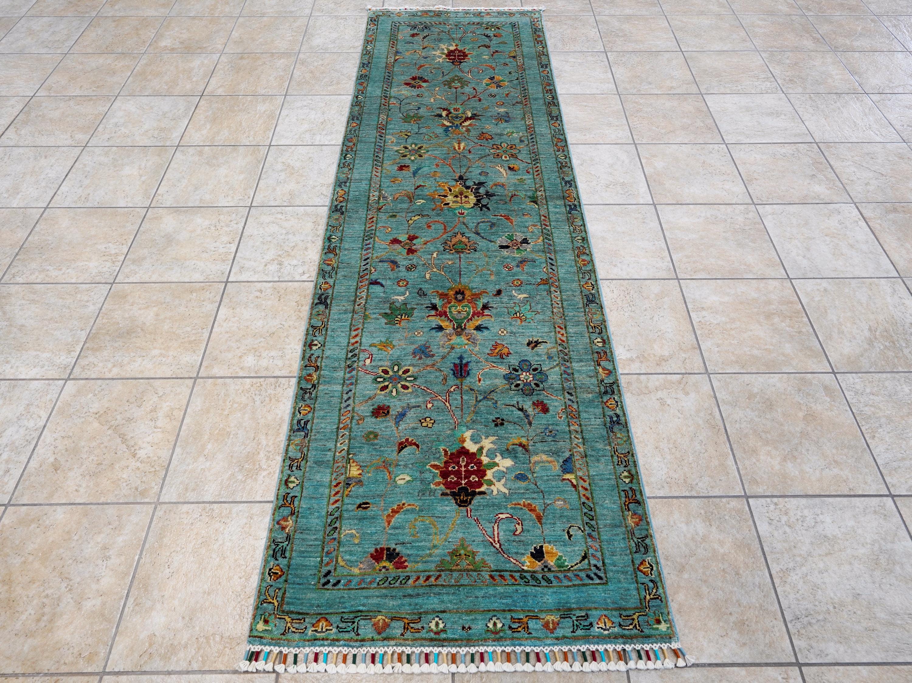 9 Ft Cyan Serapi Runner Rug - Hand Knotted Hallway Rug - Persian Design