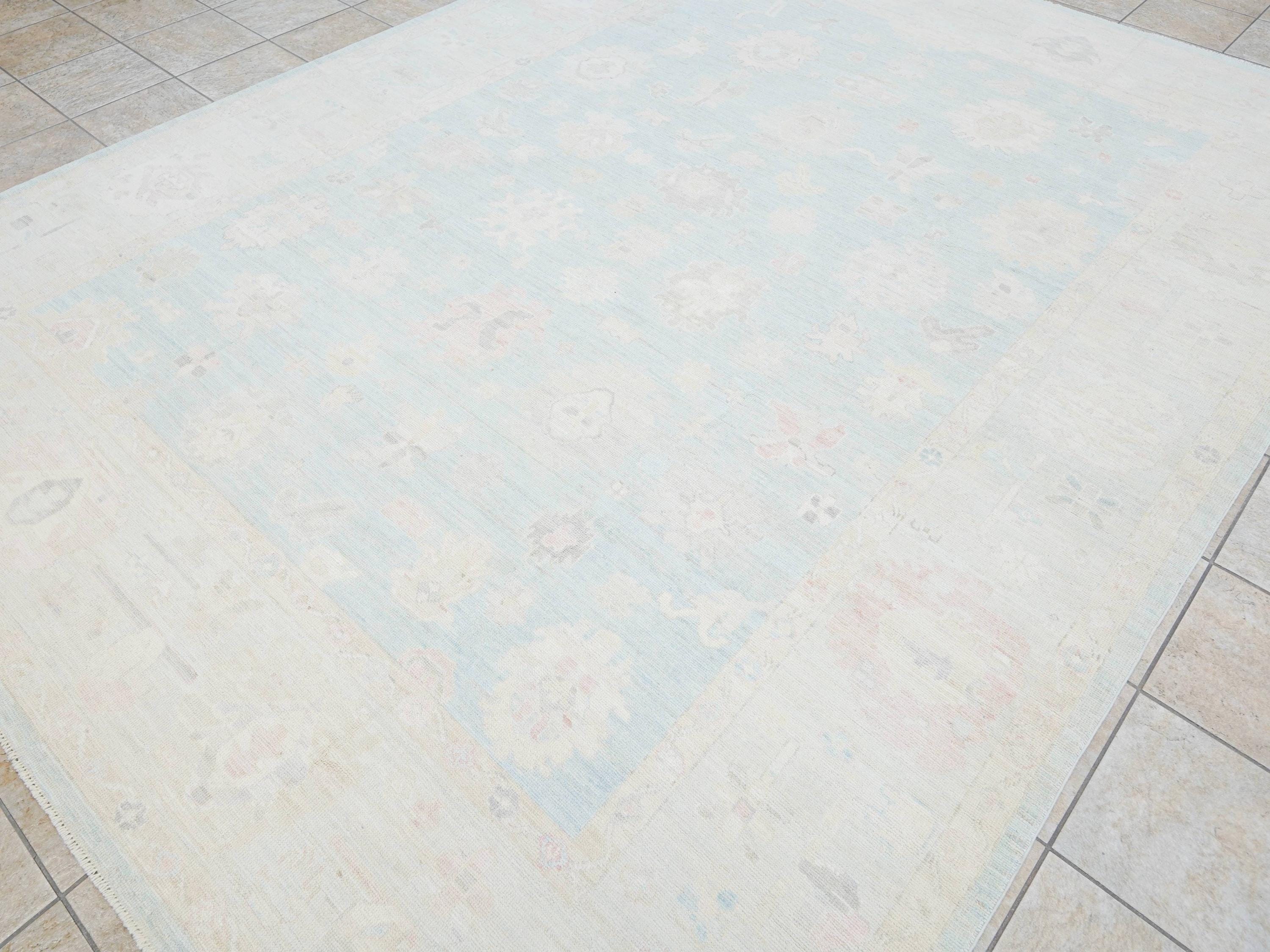 9x12 Ft Muted Blue Oushak Rug - Handmade Area Rug - Turkish Design
