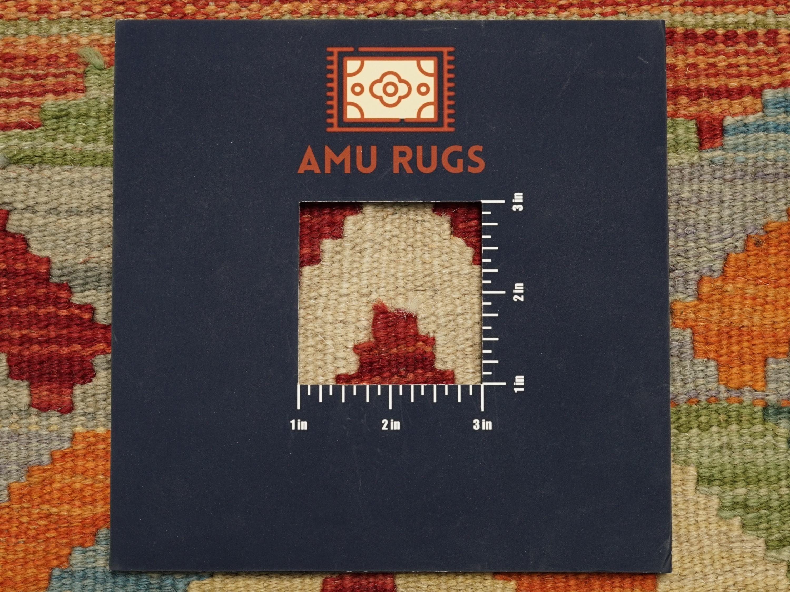 7 Ft Orange Green Kilim Rug  Flat Weave Afghan Runner