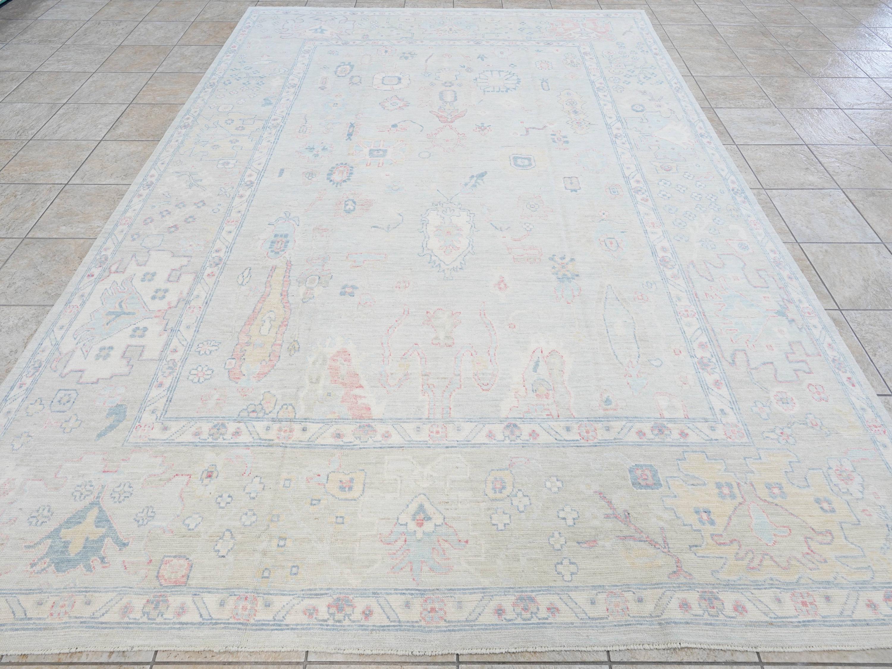 9x12 Ft Pastel Oushak Rug - Handmade Area Rug - Floral Design