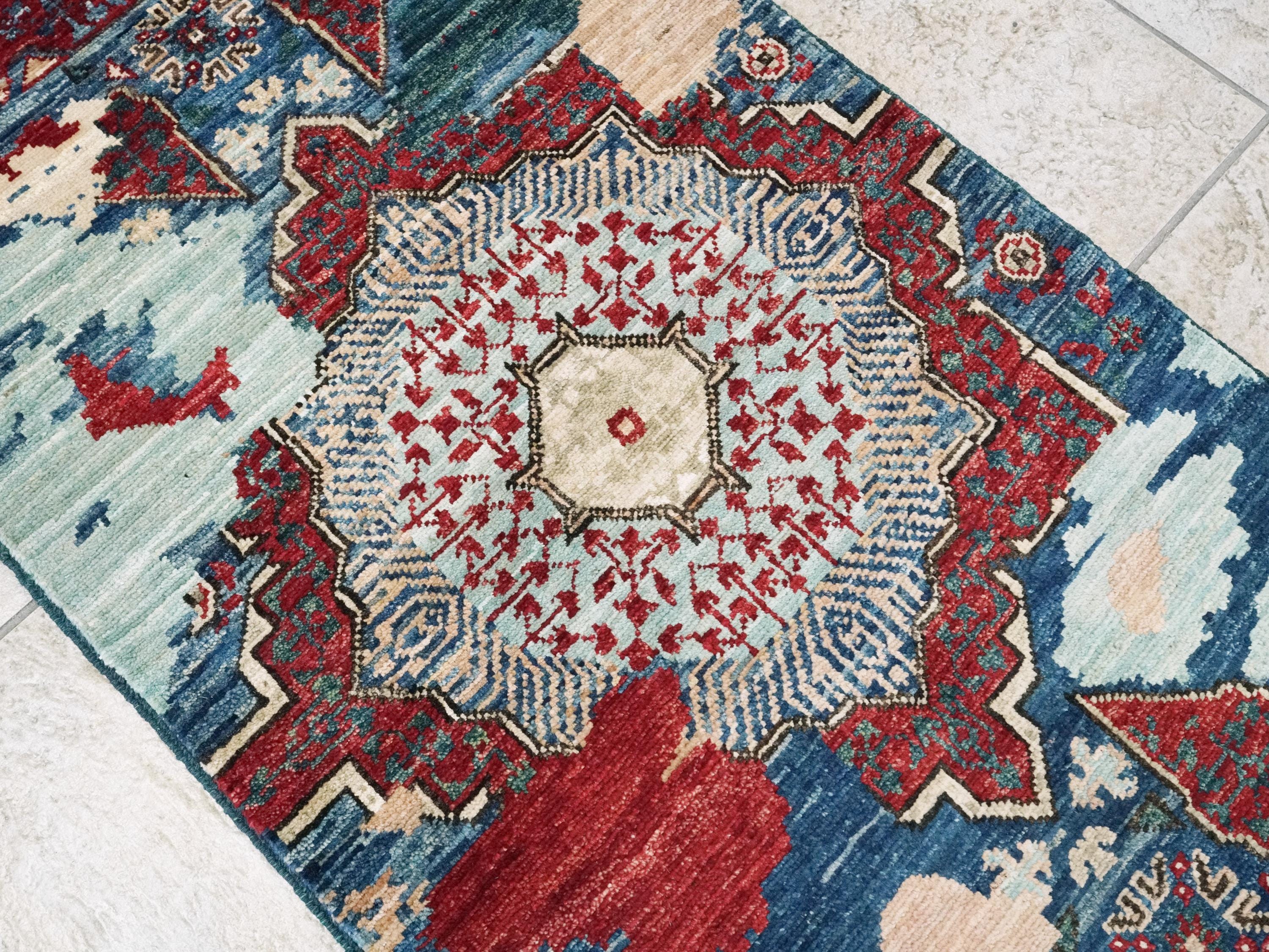 2x5 Ft Blue Mamluk Rug - Hand Knotted Wool Hallway Runner
