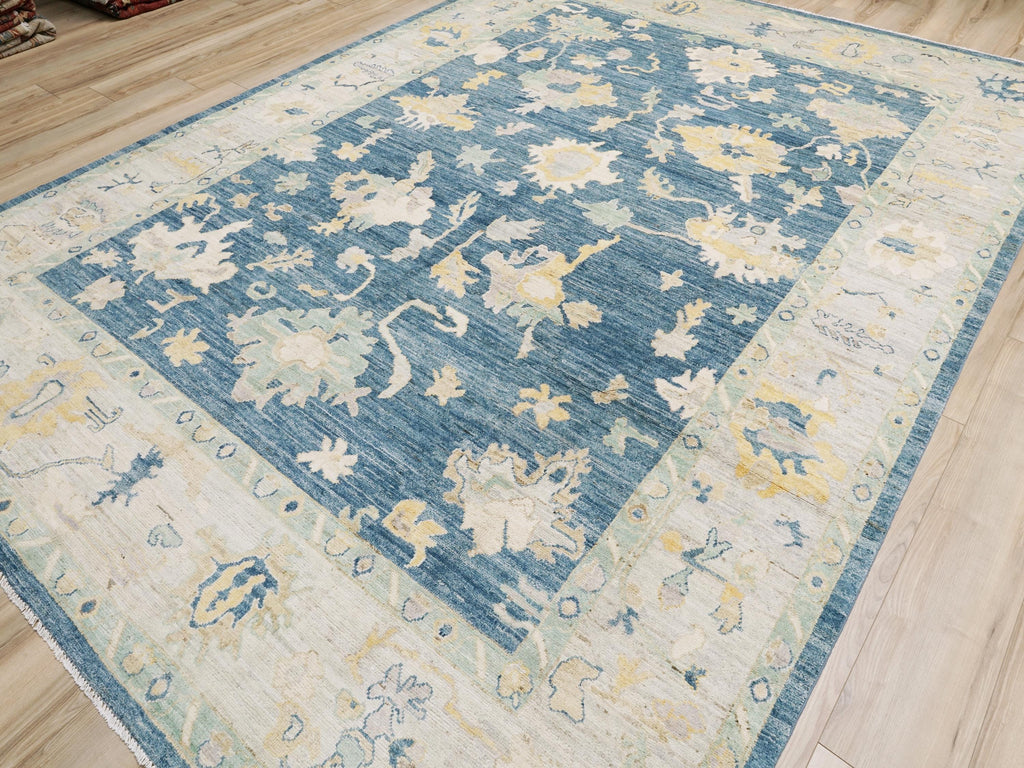 9x12 Ft Hand Knotted Oushak Rug - Blue Handmade Area Rug - Floral Design