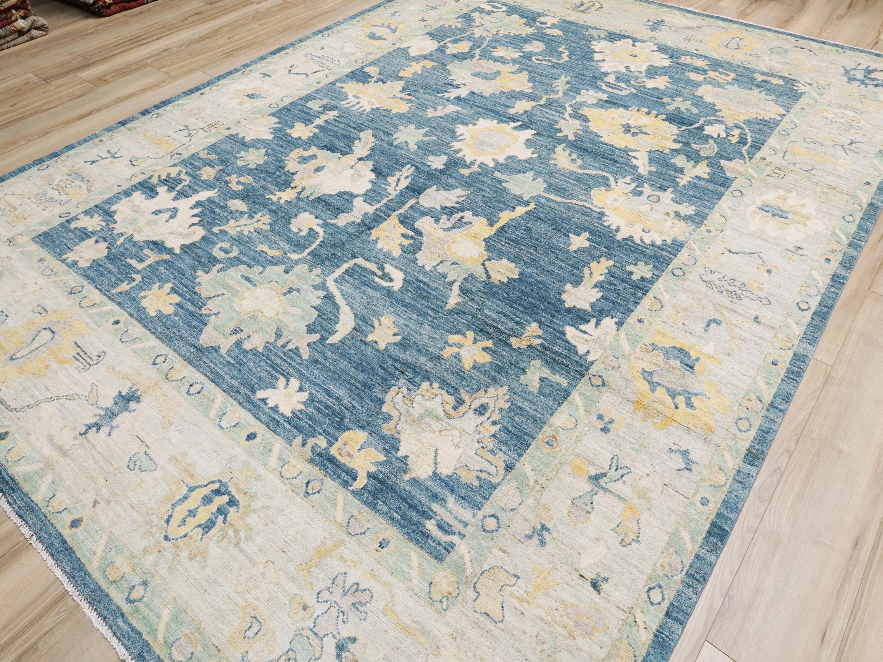 9x12 Ft Hand Knotted Oushak Rug - Blue Handmade Area Rug - Floral Design