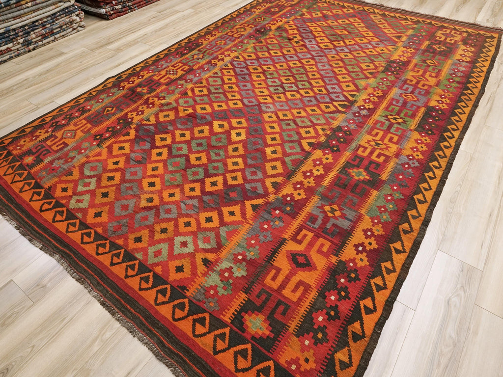 9x14 Ft Red Maimana Kilim Rug - Vintage Afghan Tribal Rug