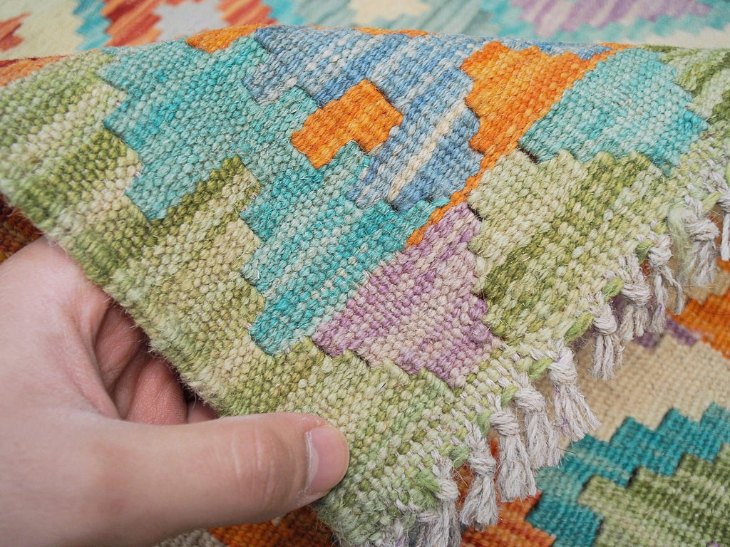 5x7 Ft Orange & Blue Kilim Rug - Handwoven Afghan Flat Weave