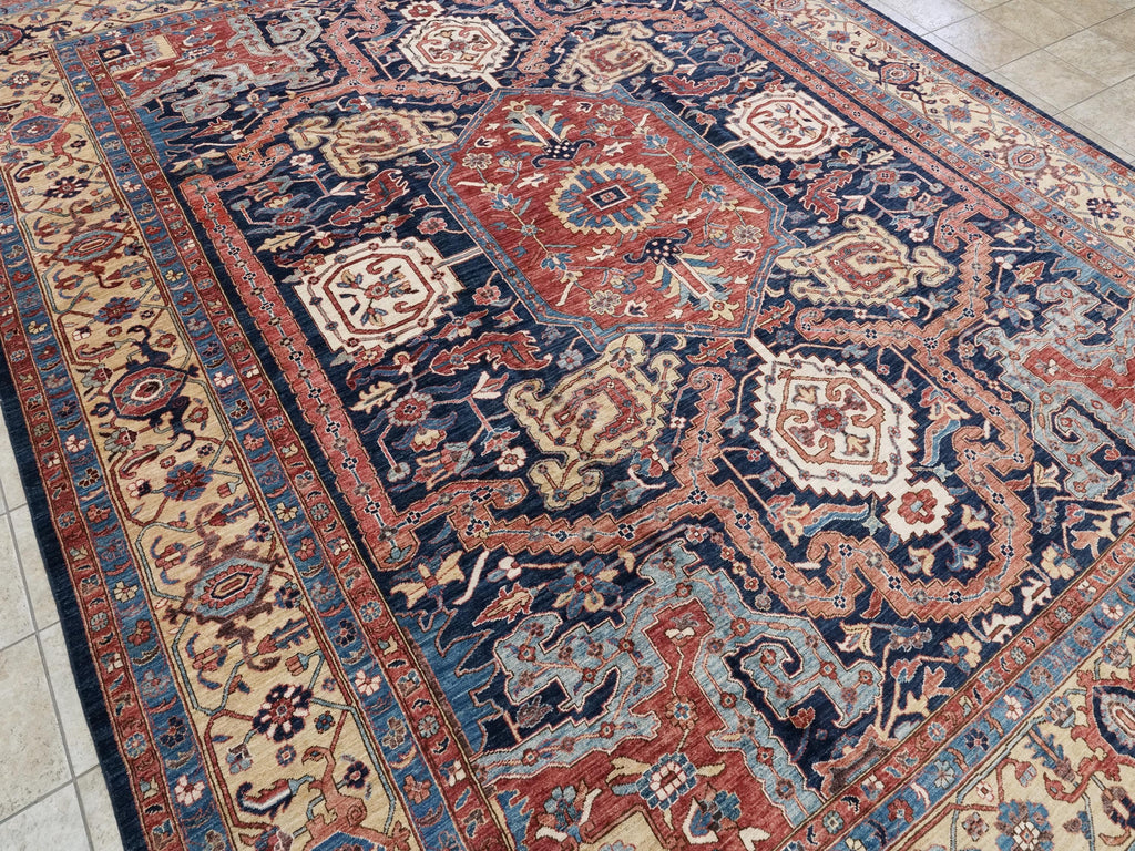 12x15 Ft Hand Knotted Afghan Heriz Rug - Blue & Red Wool Rug