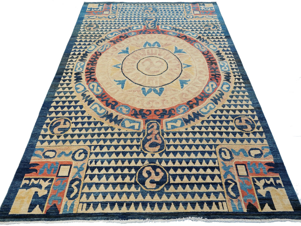 6x9 Ft Antique Tibetan Rug - Beige & Blue Chinese Design