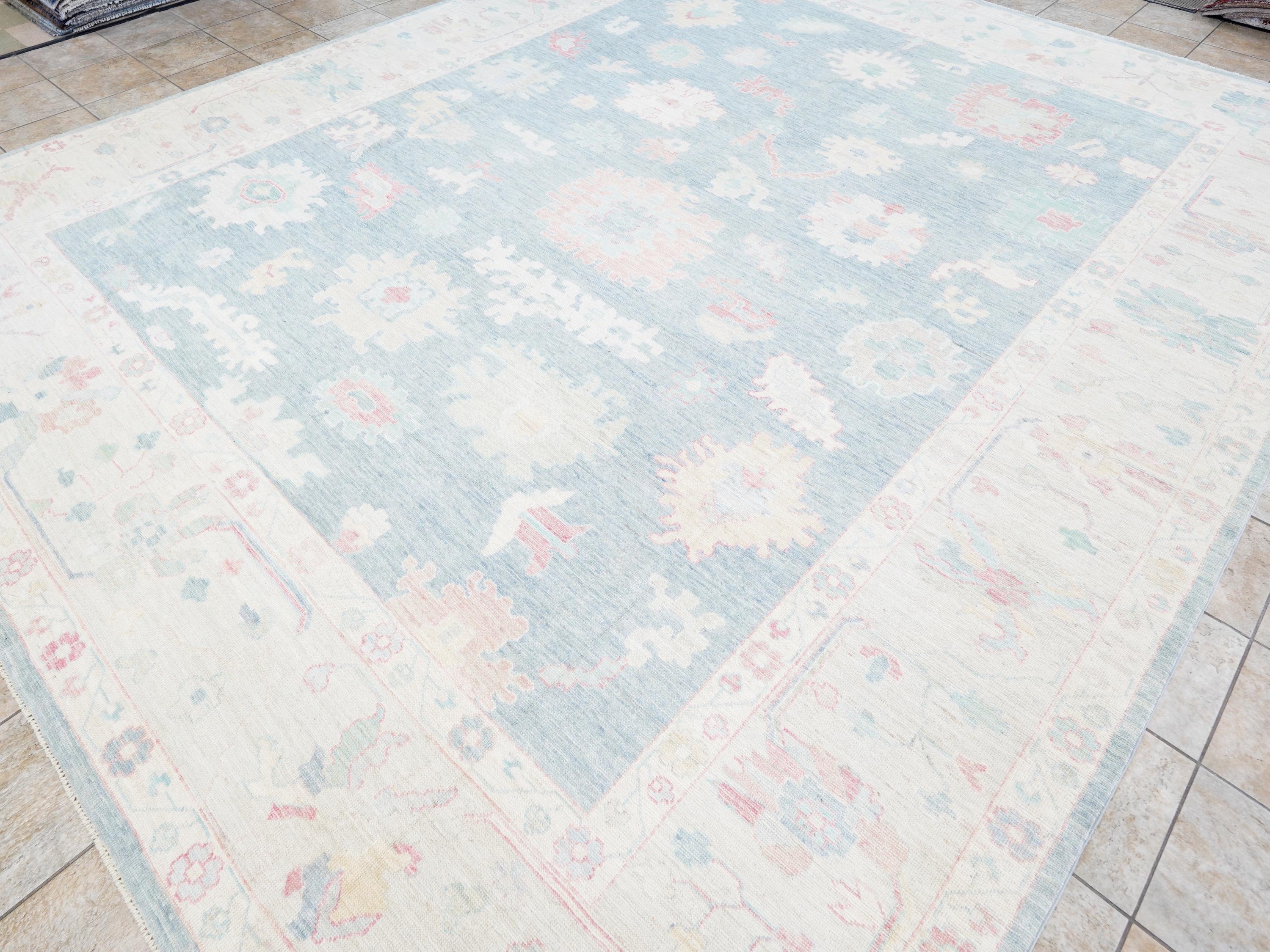 12x15 Ft Muted Ushak Rug - Traditional Wool Area Rug - Greenish Blue Turkish design