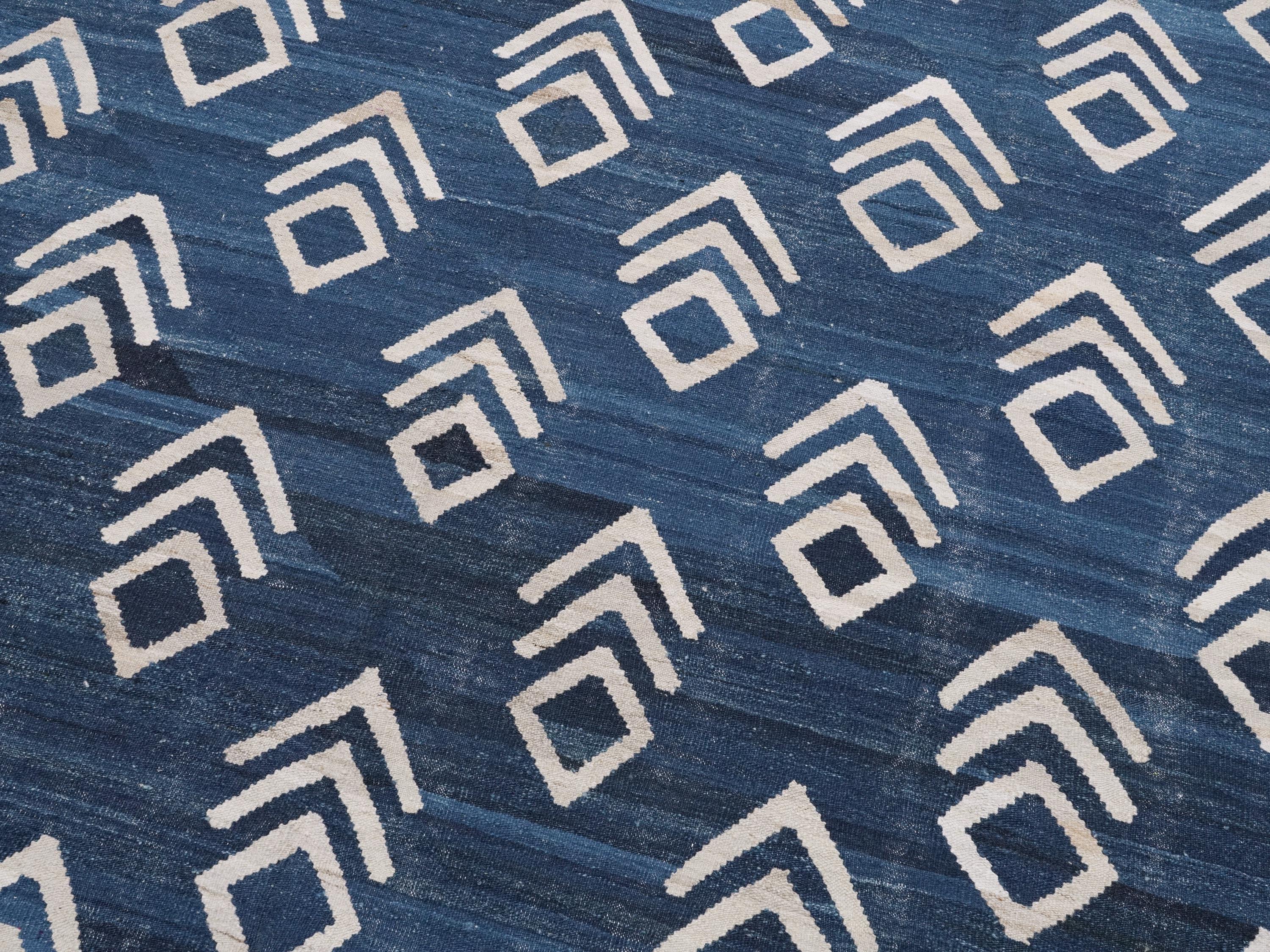 8x10 Ft Blue Kilim Rug - Handmade Afghan Flat Weave