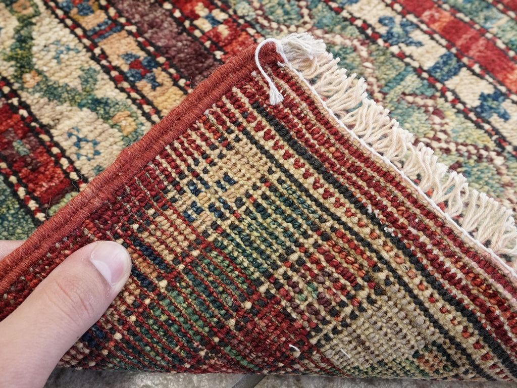 1x2 Ft Hand Knotted Heriz Rug - Red & Green Afghan Wool