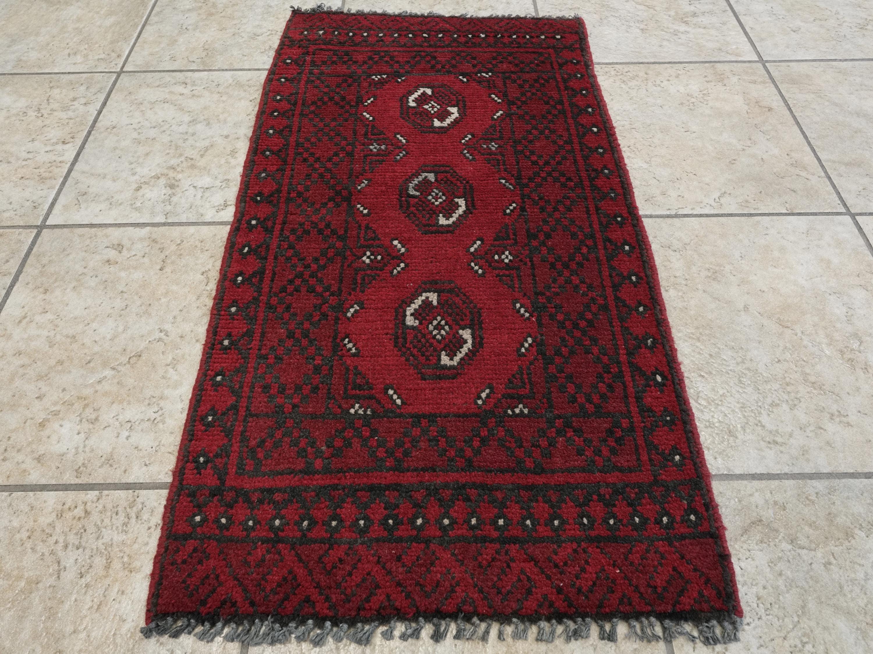 2x3 Ft Red Ersari Rug - Hand Knotted Afghan Wool Rug