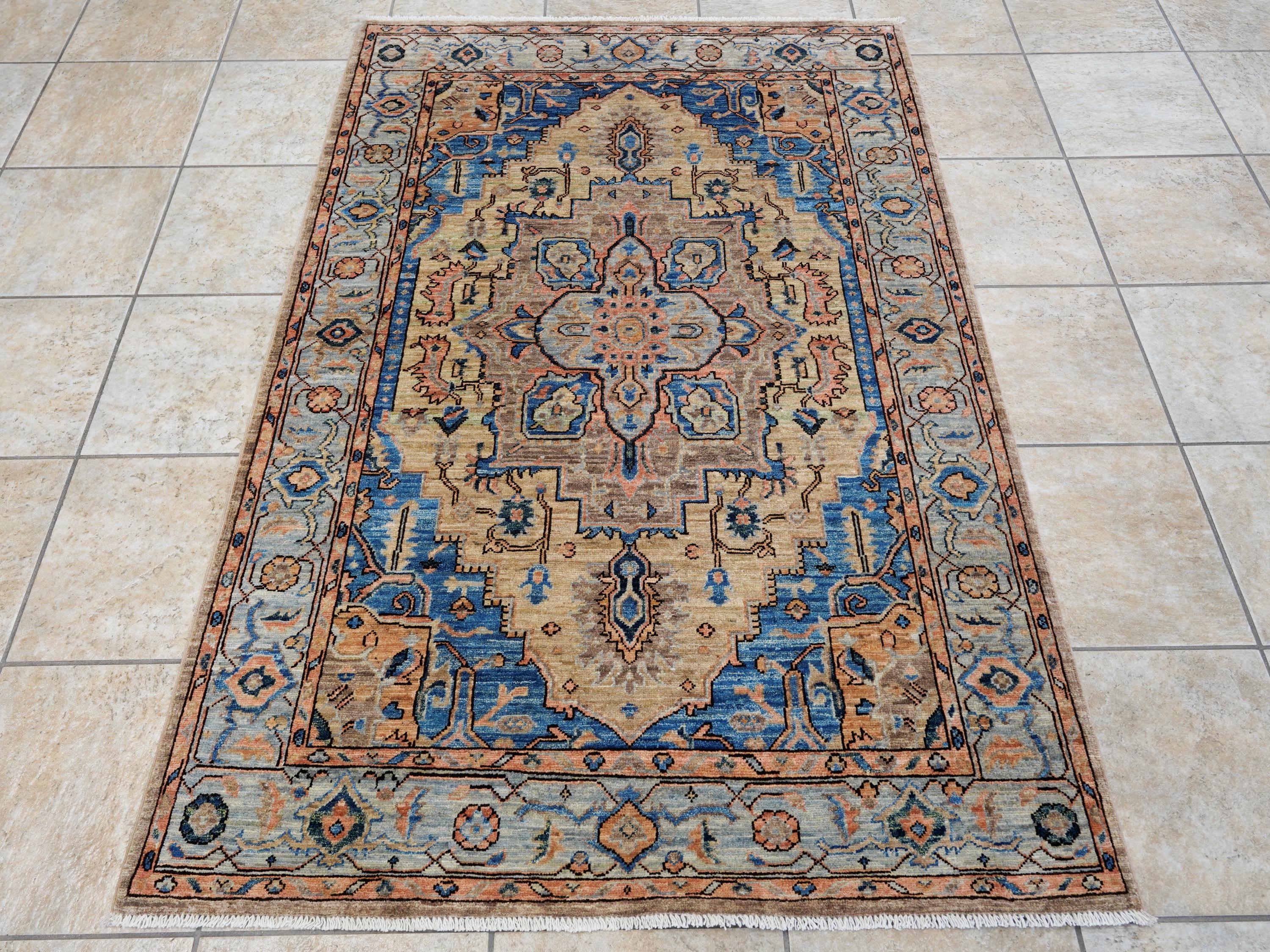 4x6 Ft Blue & Orange Serapi Rug - Hand Knotted Oriental Rug