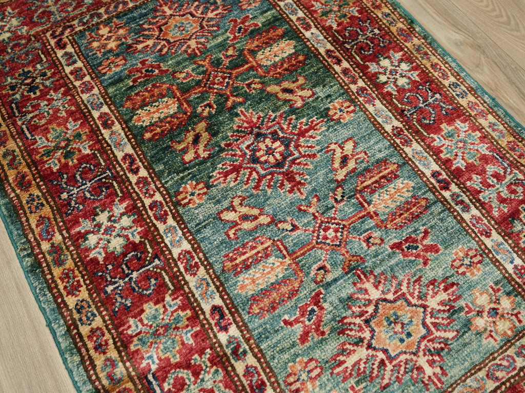 2x3 Ft Green Kazak Rug - Afghan Handmade Area Rug