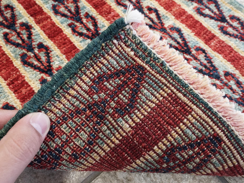1x2 Ft Hand Knotted Heriz Rug - Red & Green Afghan Wool