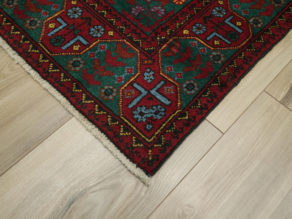 3x5 Ft Green Ersari Rug - Hand Knotted Oriental Area Rug - Turkmen Design