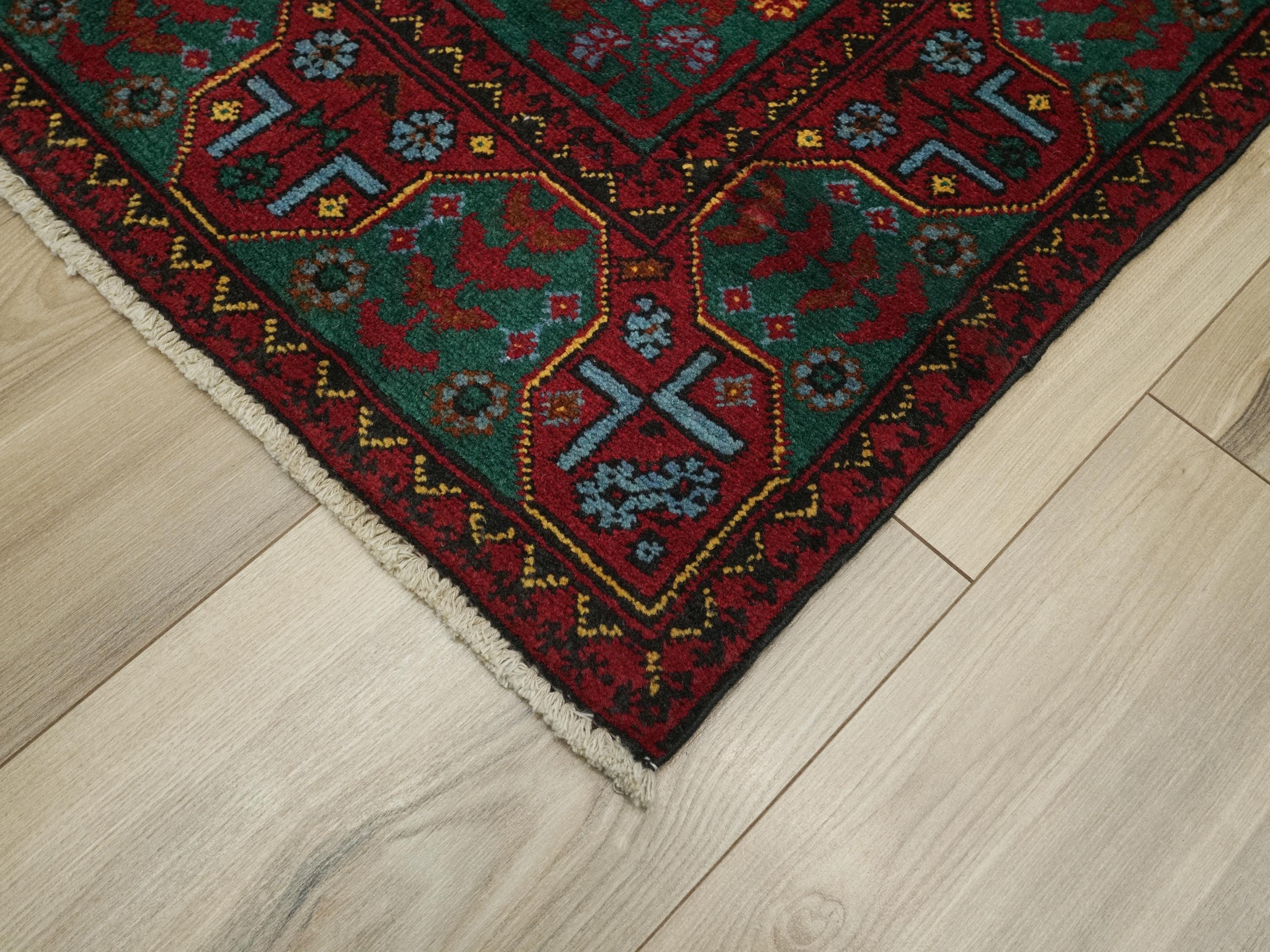 3x5 Ft Green Ersari Rug - Hand Knotted Oriental Area Rug - Turkmen Design