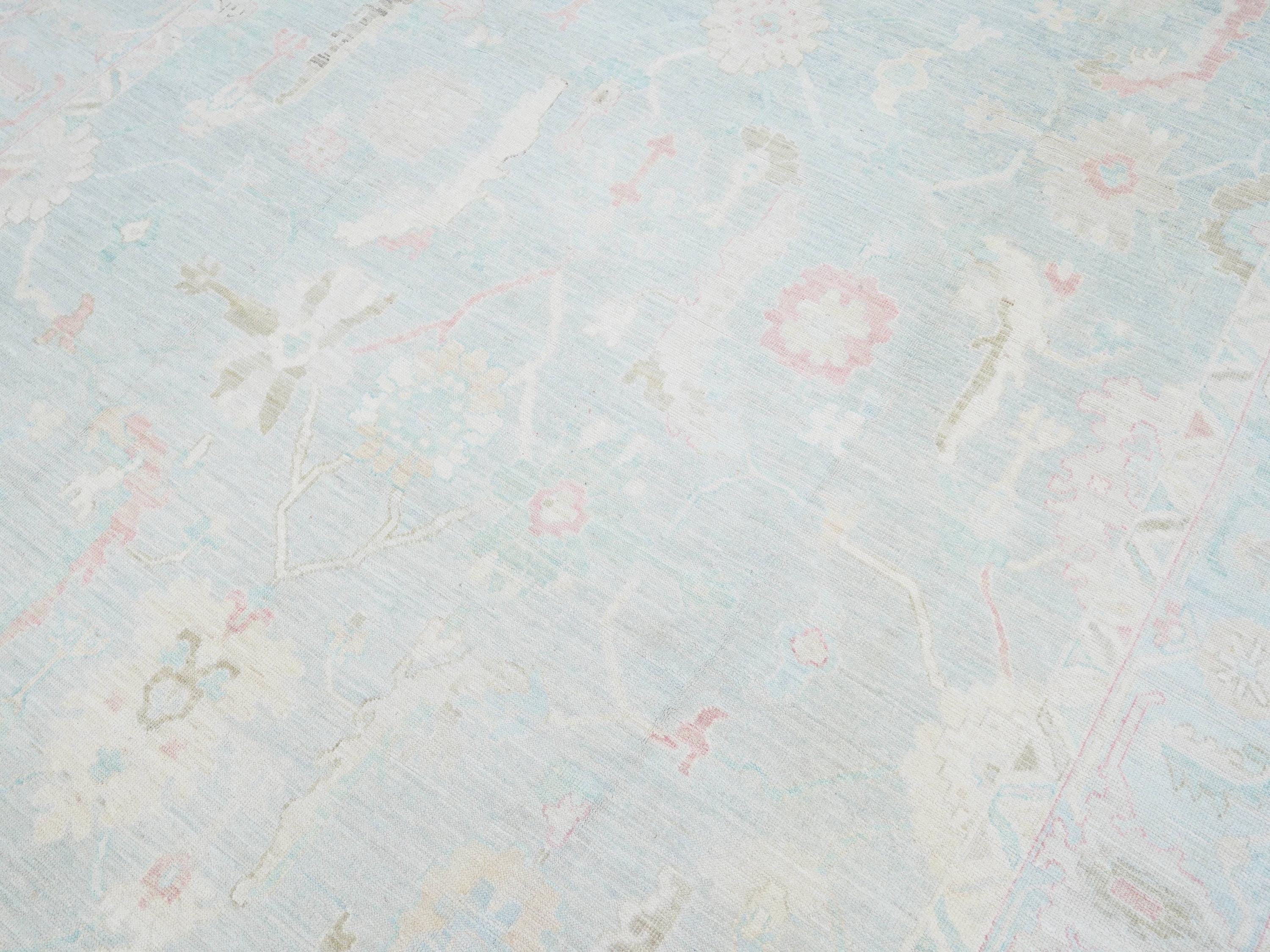 9x12 Ft Light Blue Oushak Rug - Handmade Area Rug - Floral Design