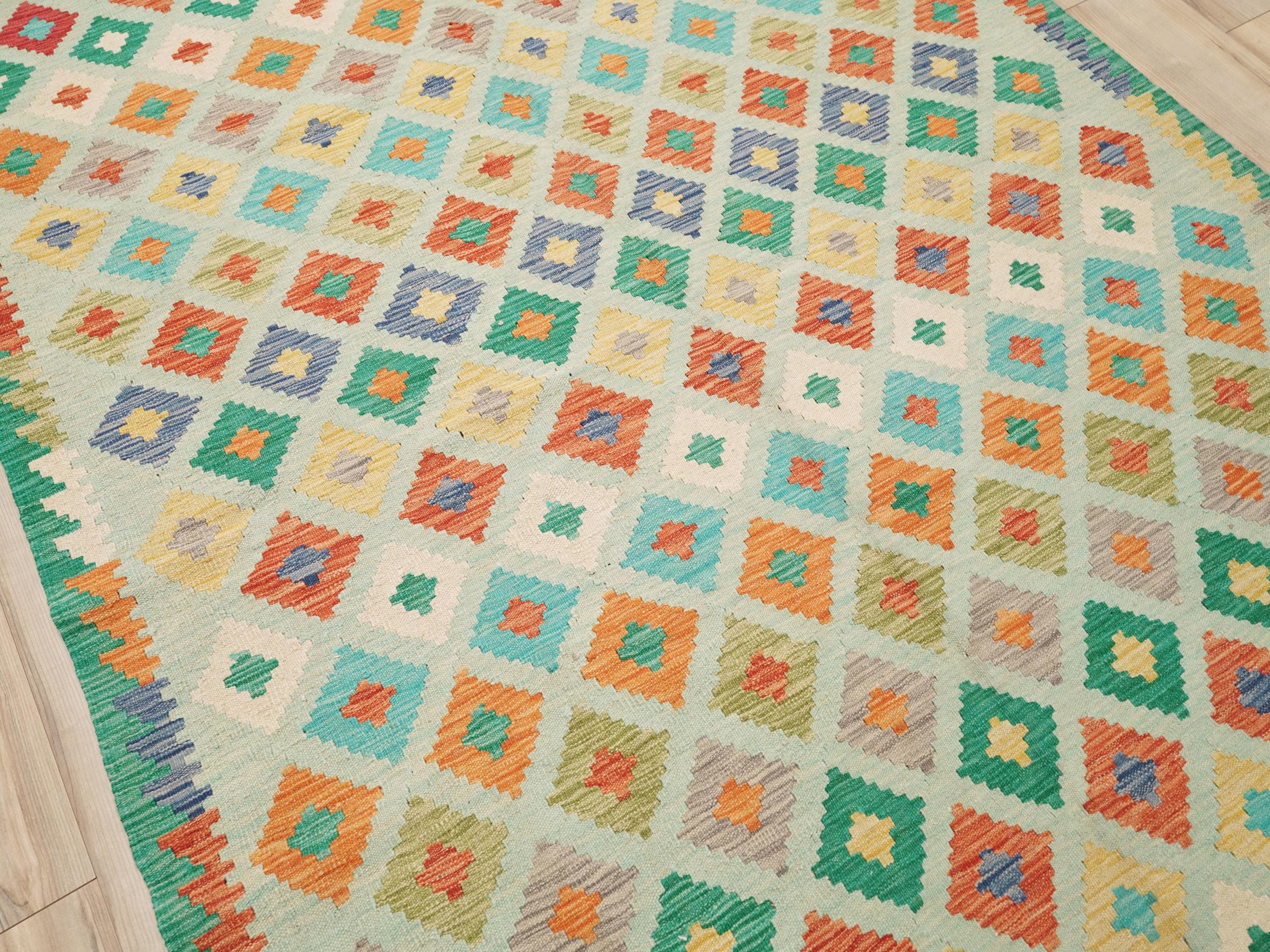 6x8 Ft Green Kilim Rug - Traditional Wool Flat Weave - Geometric Design