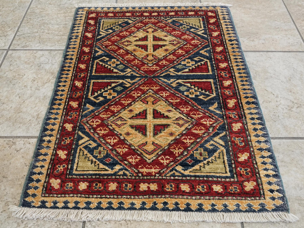 2x3 Ft Handmade Afghan Heriz Rug - Blue Wool Accent Rug