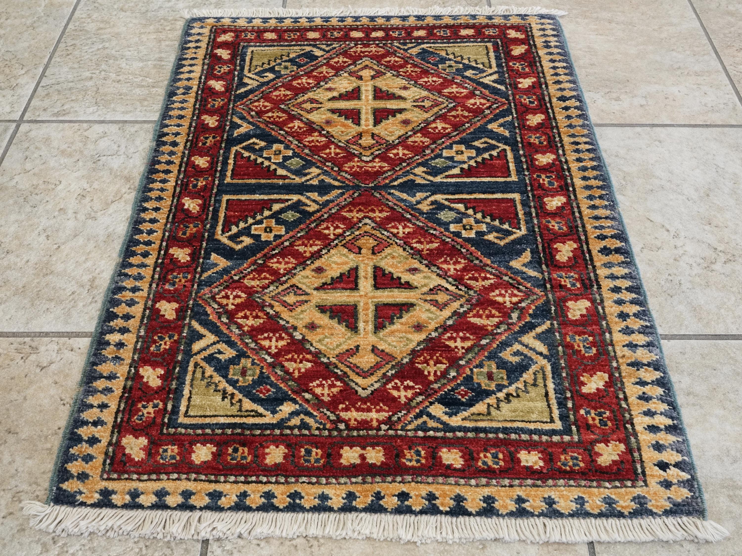 2x3 Ft Handmade Afghan Heriz Rug - Blue Wool Accent Rug