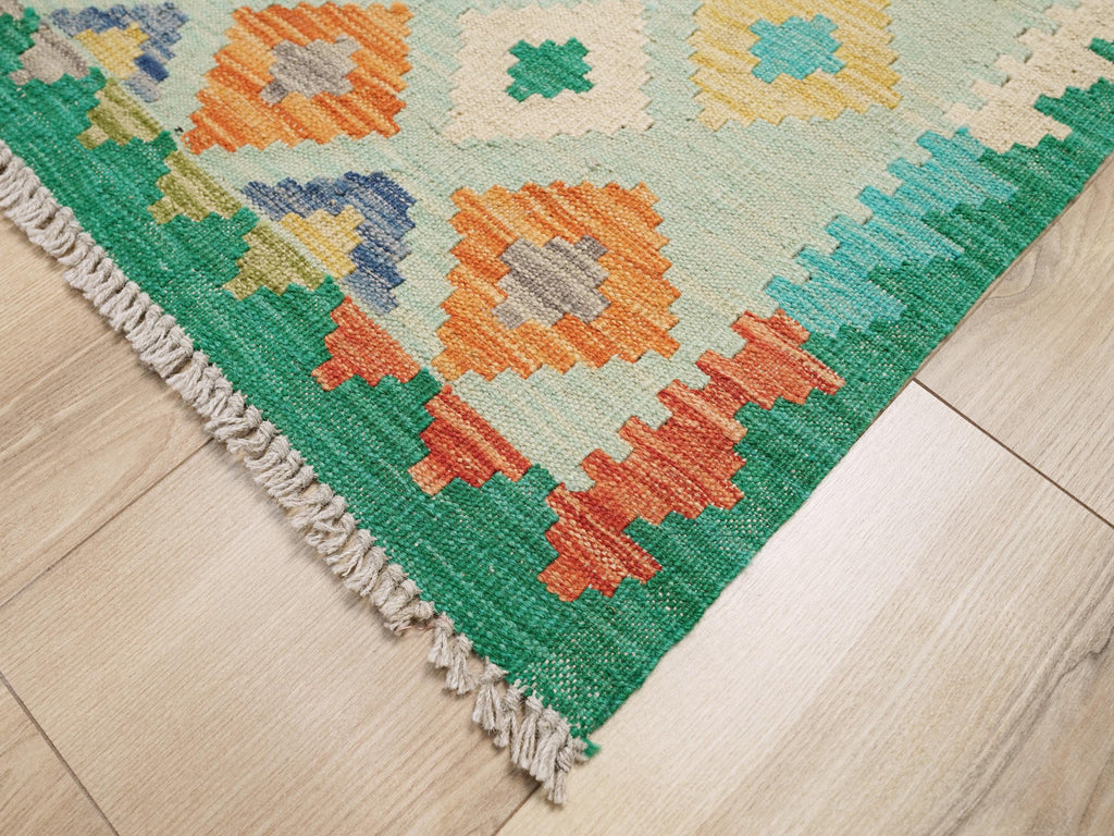 6x8 Ft Green Kilim Rug - Traditional Wool Flat Weave - Geometric Design