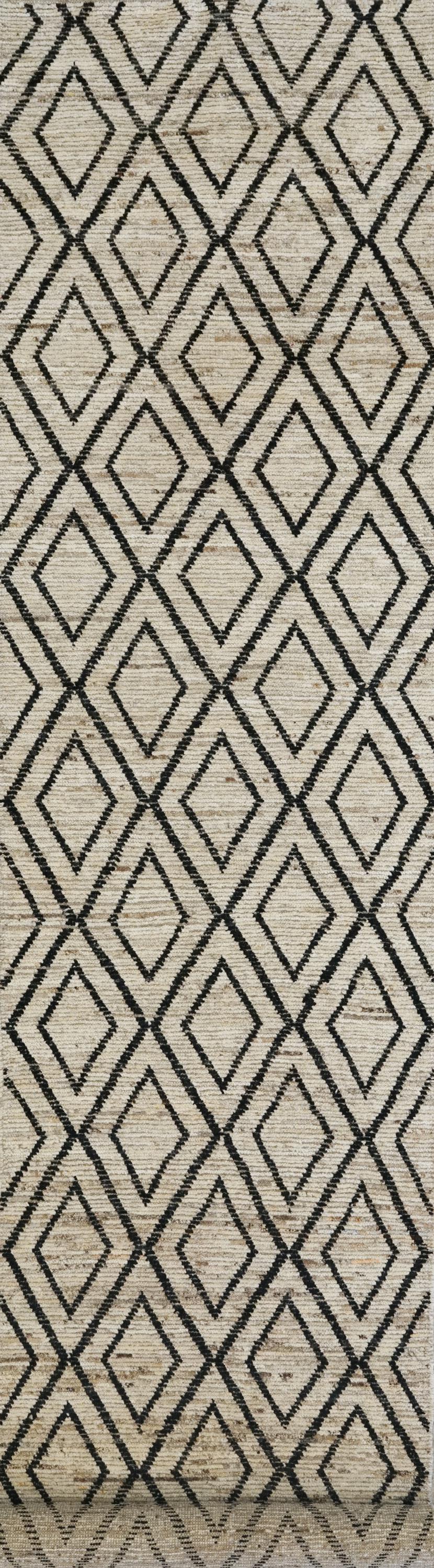 19 Ft White & Black Moroccan Rug - Afghan Wool Hallway Rug