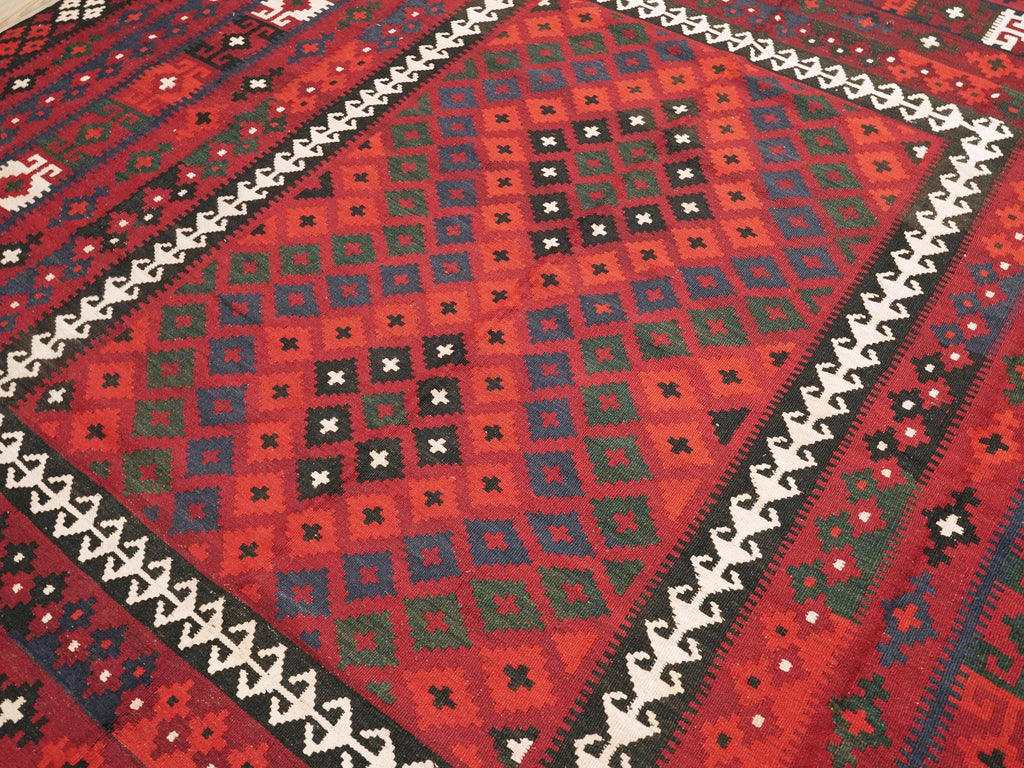 9x11 Ft Red Maimana Kilim Rug - Vintage Afghan Flat Weave