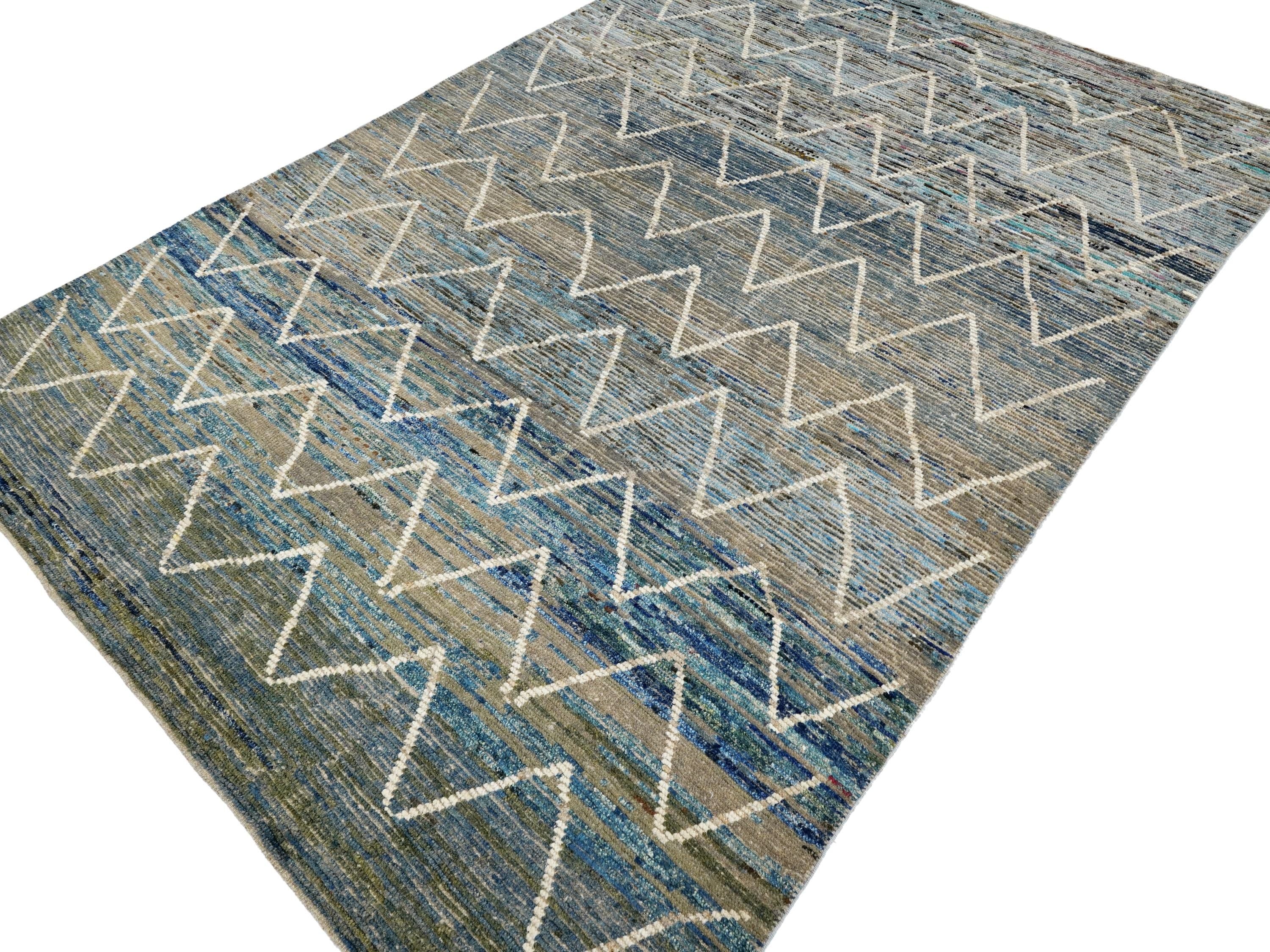7x10 Ft Blue Moroccan Rug - Hand Knotted Area Rug