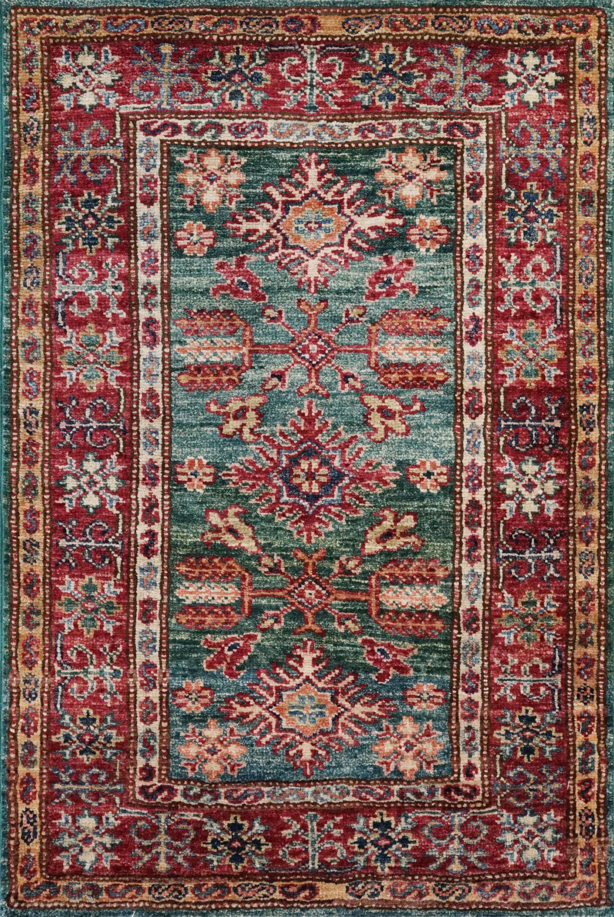 2x3 Ft Handmade Green Wool Kazak Rug - Afghan Oriental Accent Rug