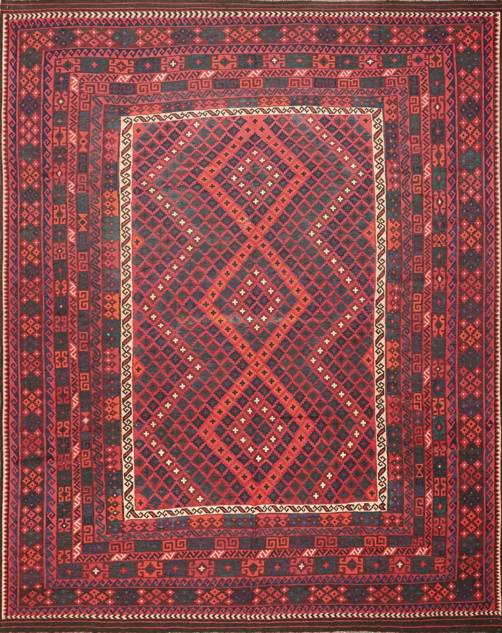 10x14 Ft Dark Red Maimana Kilim Rug - Vintage Afghan Flat Weave