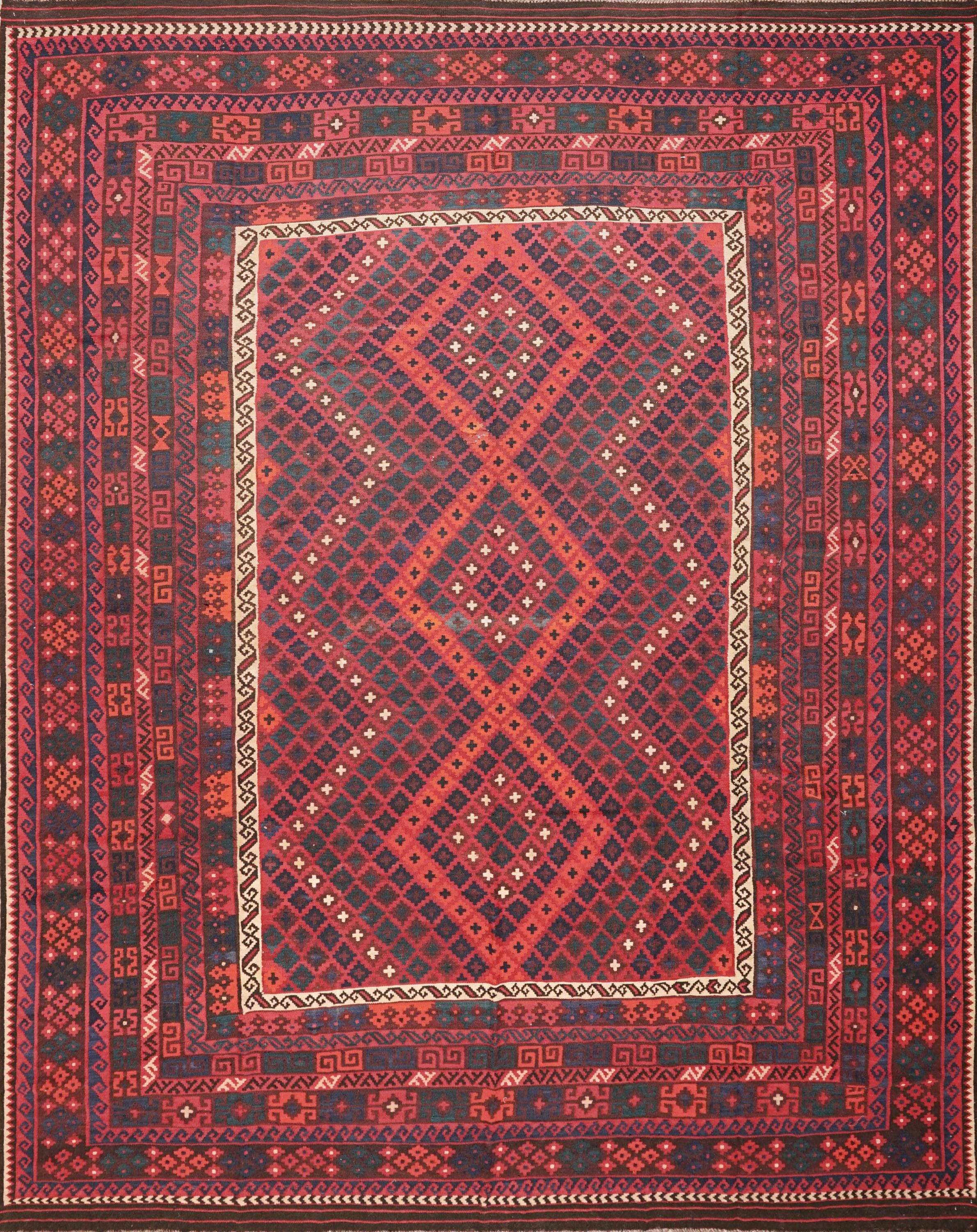 10x14 Ft Dark Red Maimana Kilim Rug - Vintage Afghan Flat Weave