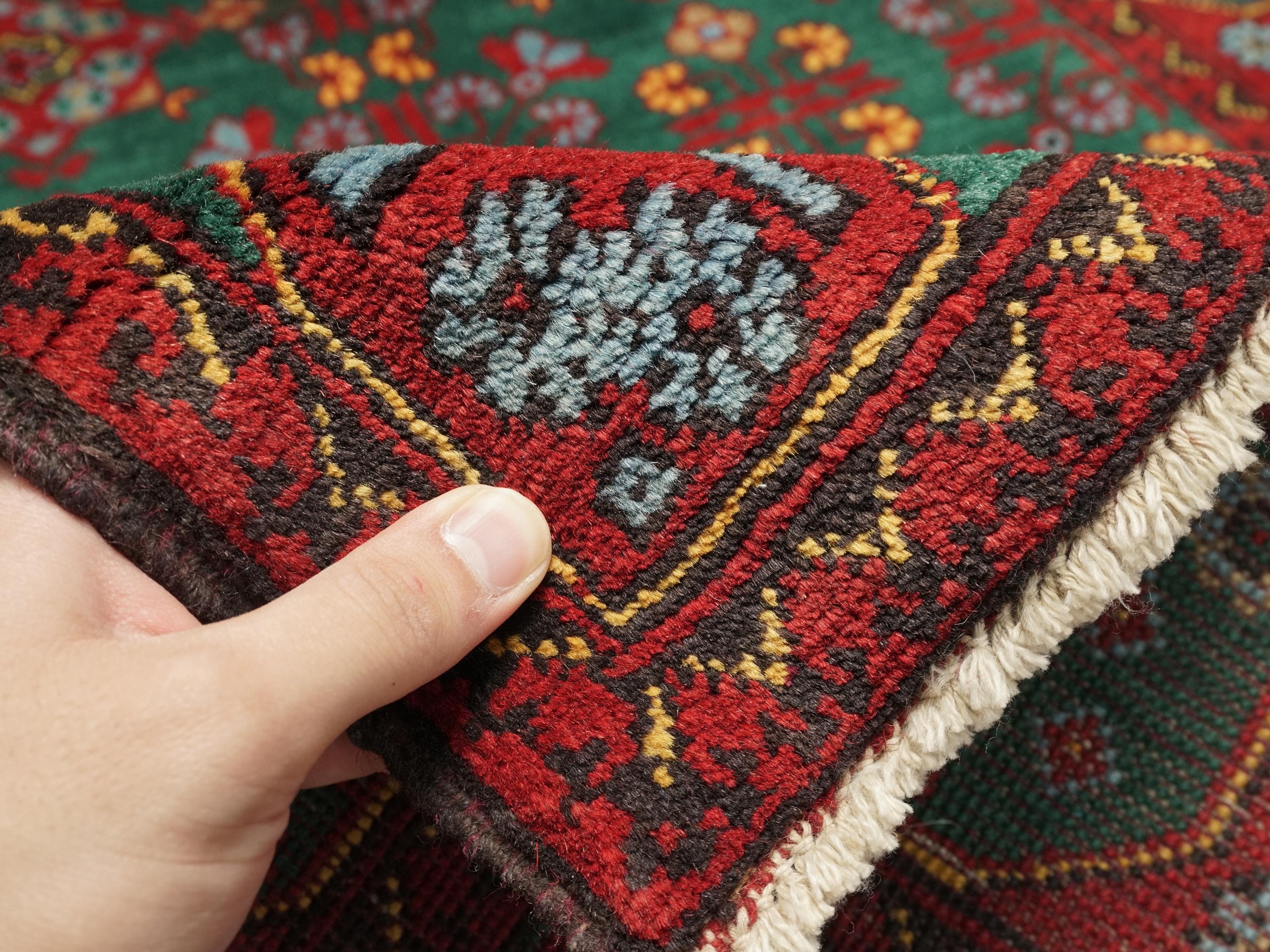 3x5 Ft Green & Red Ersari Rug - Afghan Wool Rug - Turkmen Design