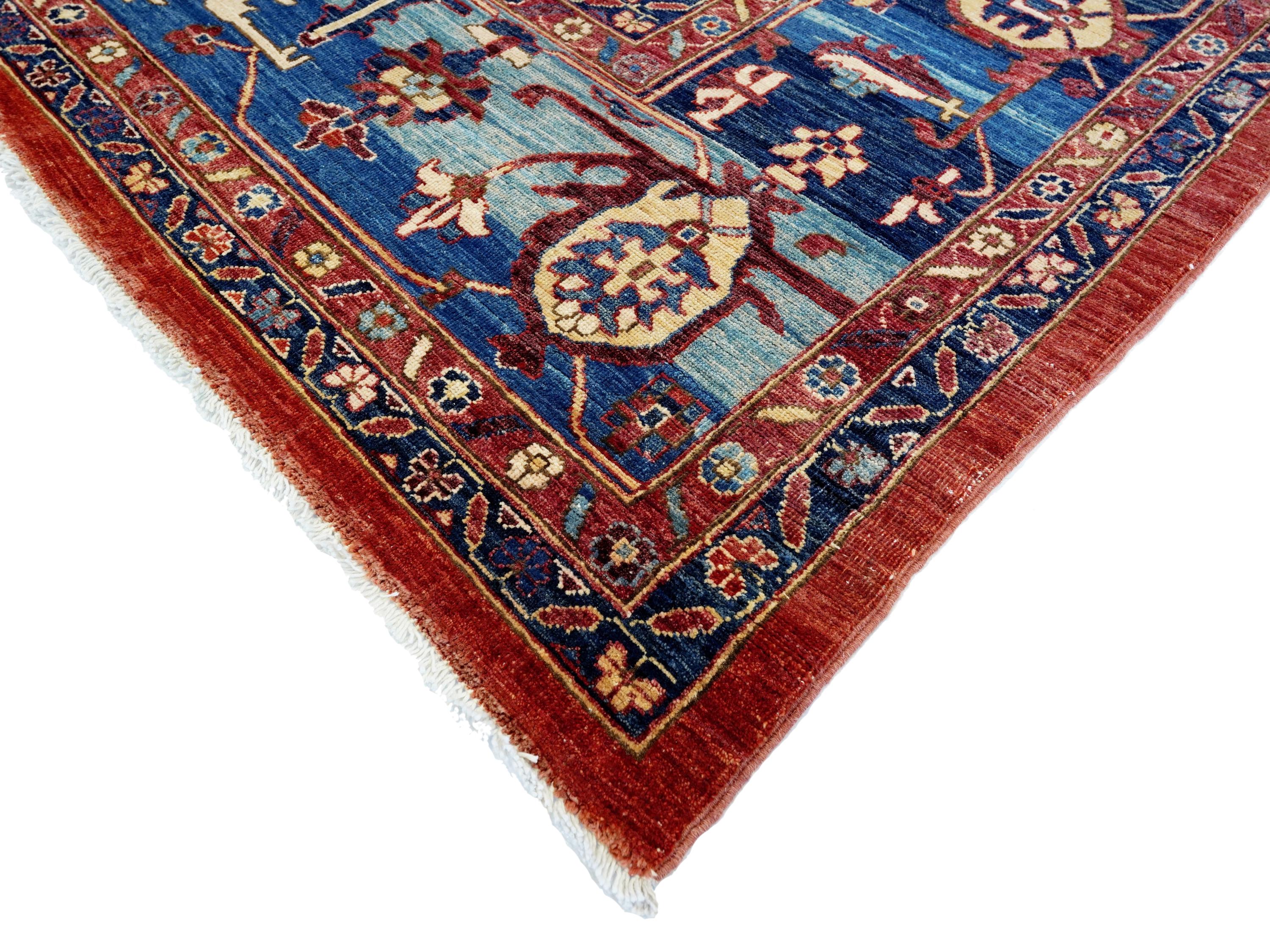 9x12 Ft Red & Blue Serapi Rug - Hand Knotted Antique Rug - Persian Design