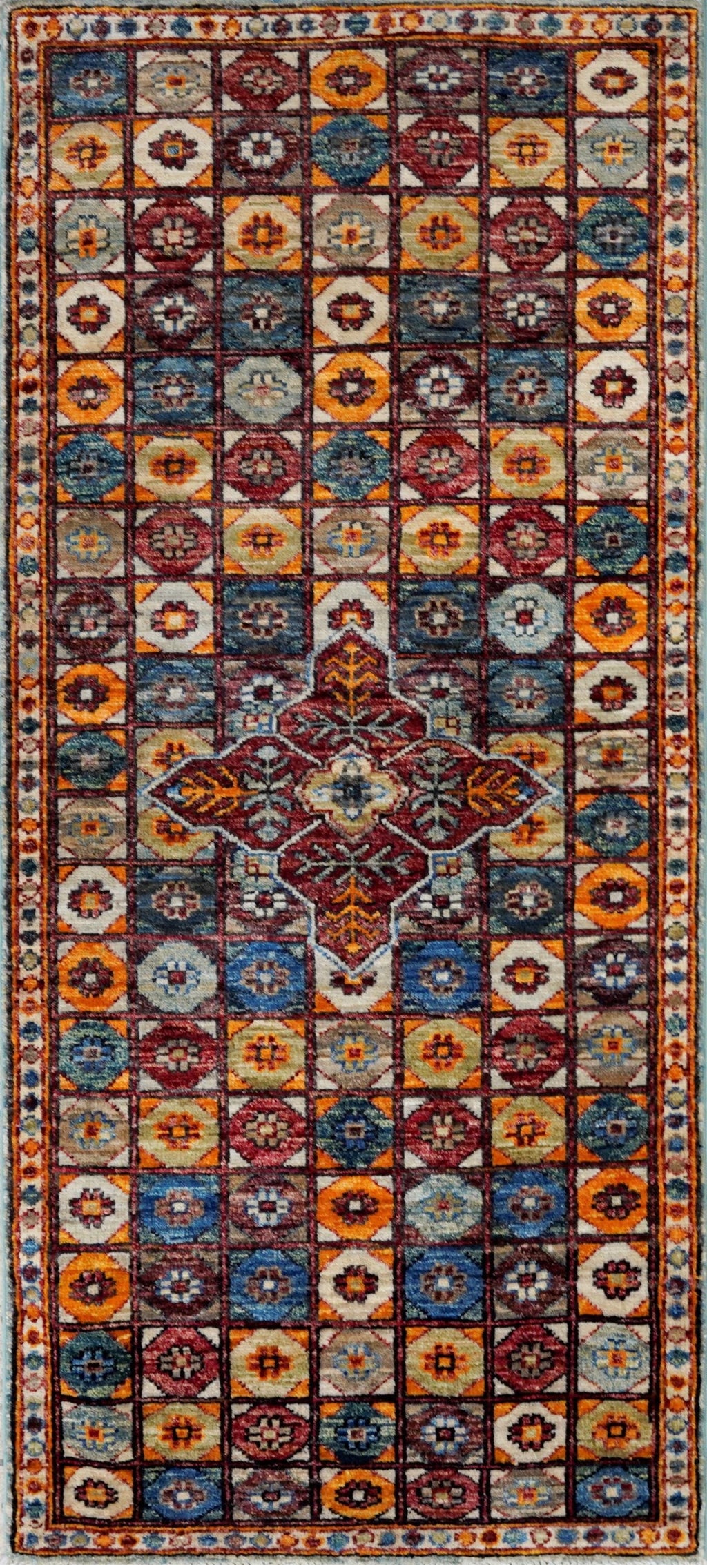 2x5 Ft Blue & Orange Heriz Rug - Hand Knotted Small Runner