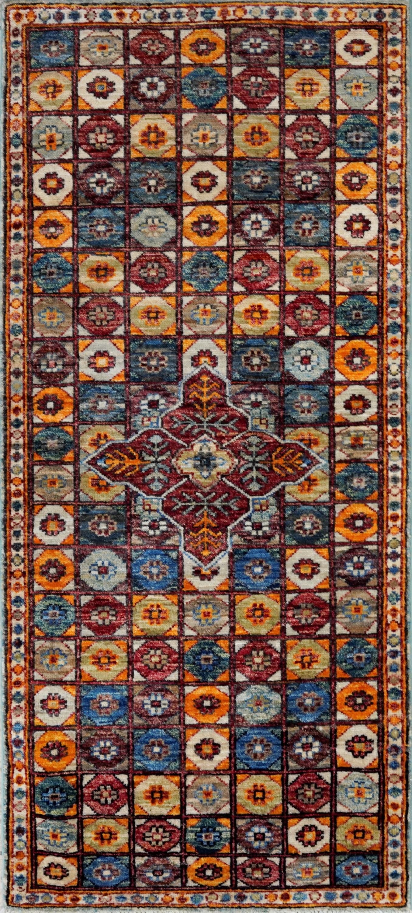 2x5 Ft Blue & Orange Heriz Rug - Hand Knotted Small Runner